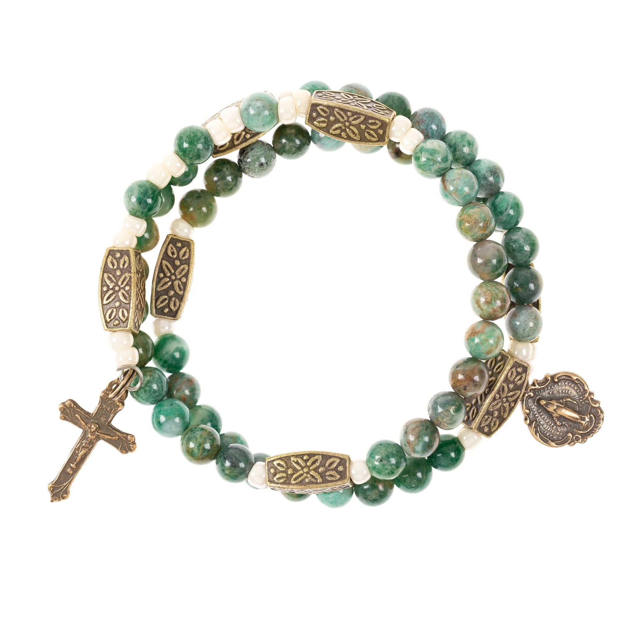 Jade Green & Brass Rosary Wrap Bracelet - Image 3