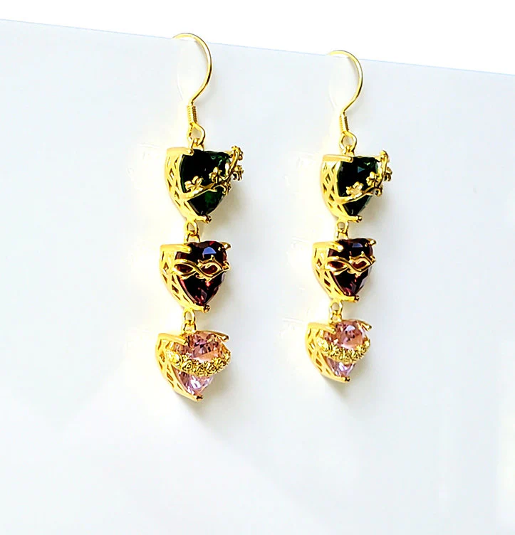 Jeweled Three Hearts Dangle Earrings - Gold or Silver - Image 3