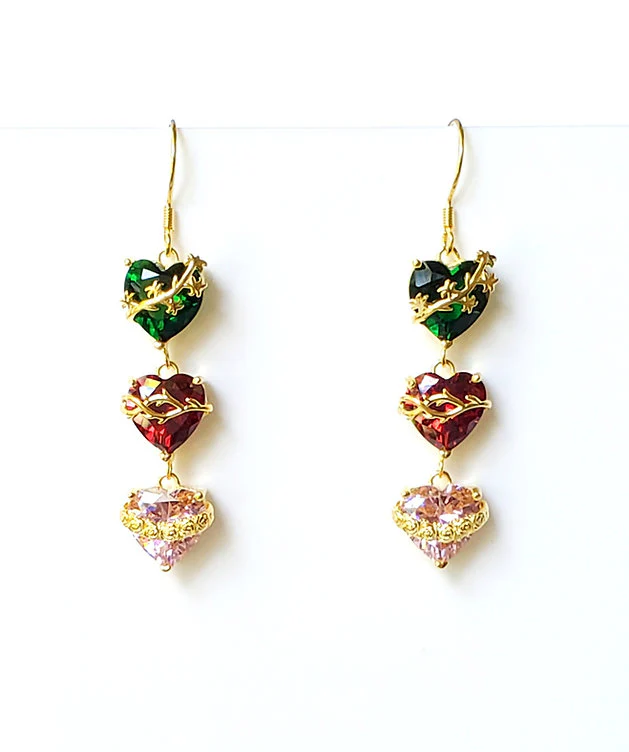 Jeweled Three Hearts Dangle Earrings - Gold or Silver - Image 4