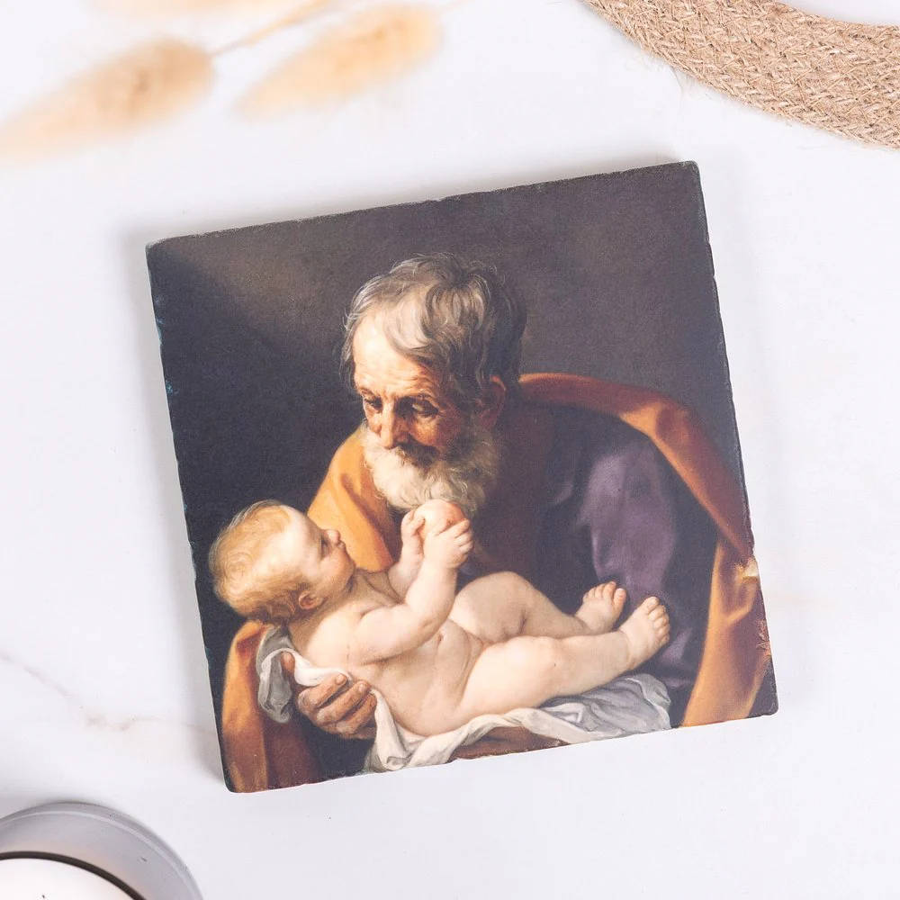 Joseph with the Infant Jesus Tumbled Stone Tile - 6" x 6" - Image 2