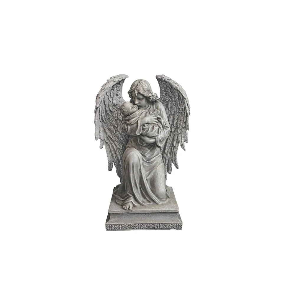 Kneeling Guardian Angel Holding Baby Statue - 7"