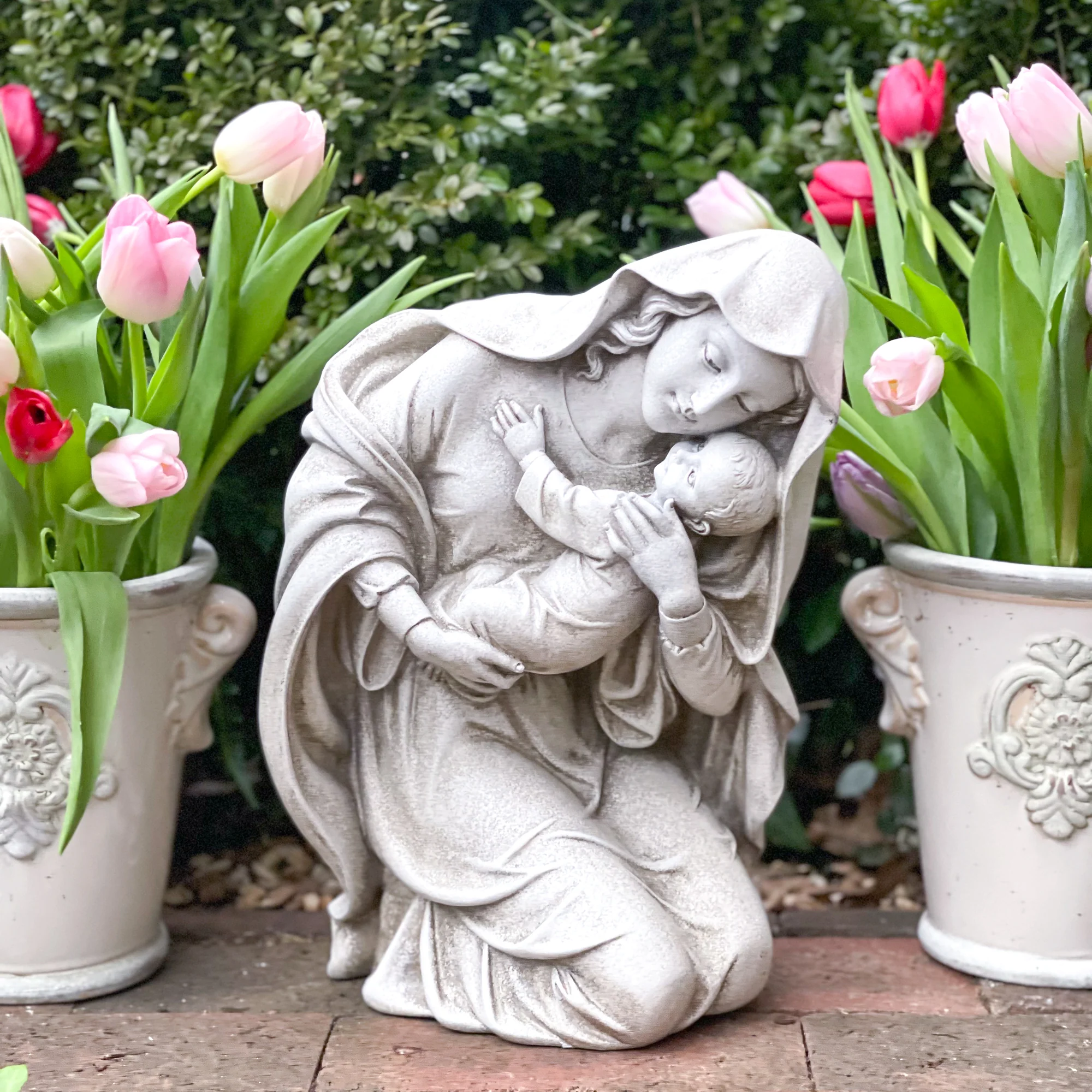 Kneeling Madonna & Child Garden Statue - 13.5" - Image 4