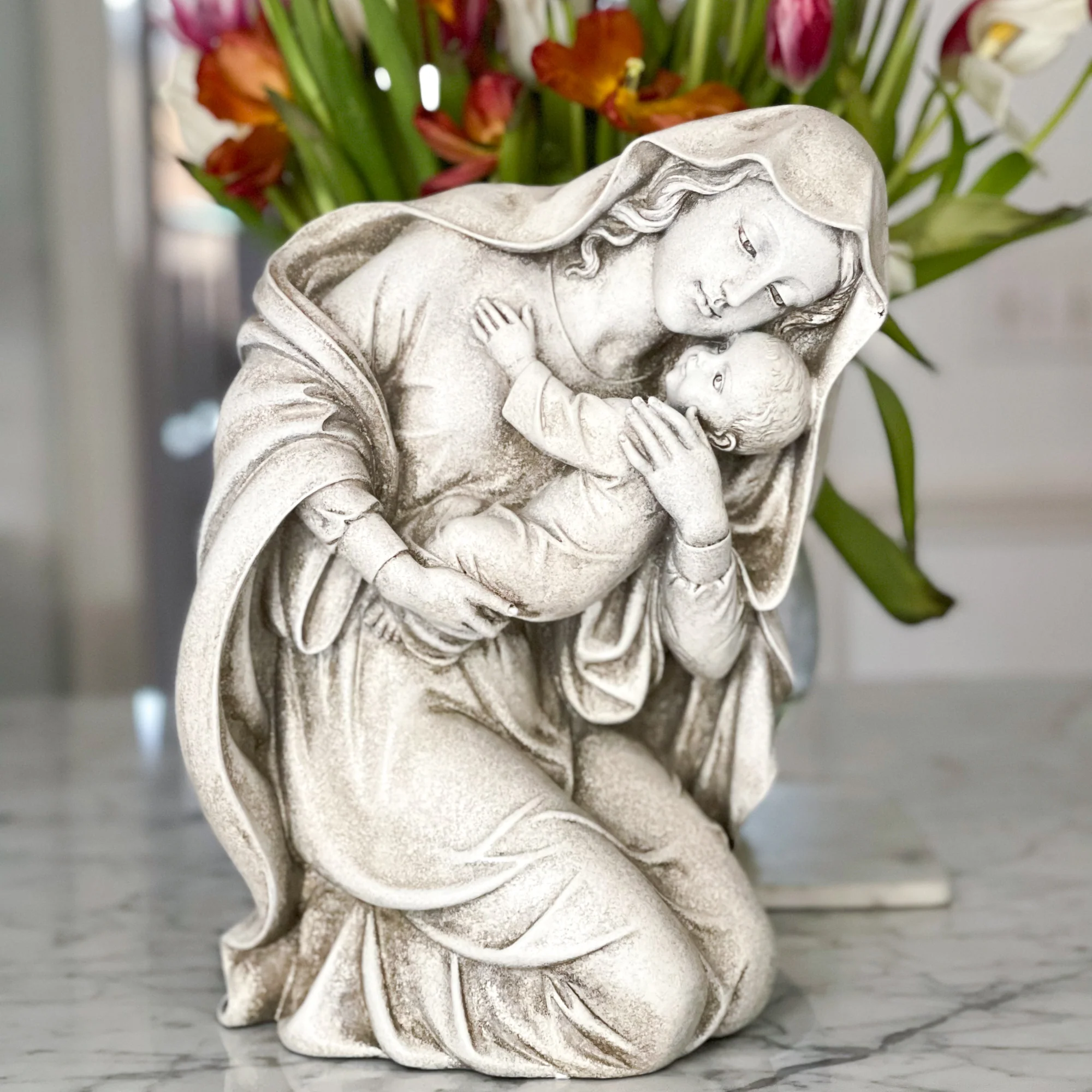 Kneeling Madonna & Child Garden Statue - 13.5" - Image 6