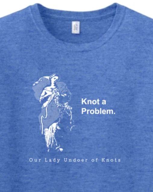Knot a Problem Our Lady Undoer of Knots Royal Blue Adult T-Shirt - Image 2