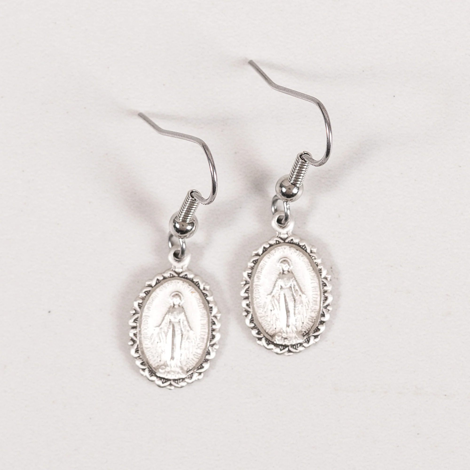 Lace Sterling Silver Miraculous Medal Dangle Earrings - Image 2