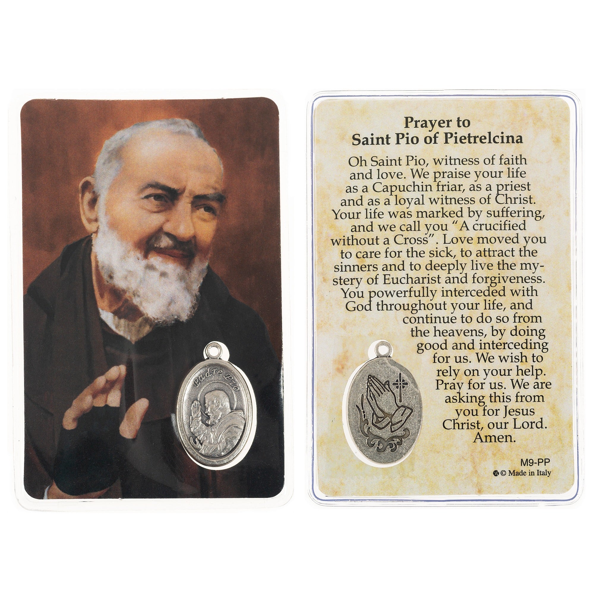 Laminated Padre Pio Prayer Card with Medal