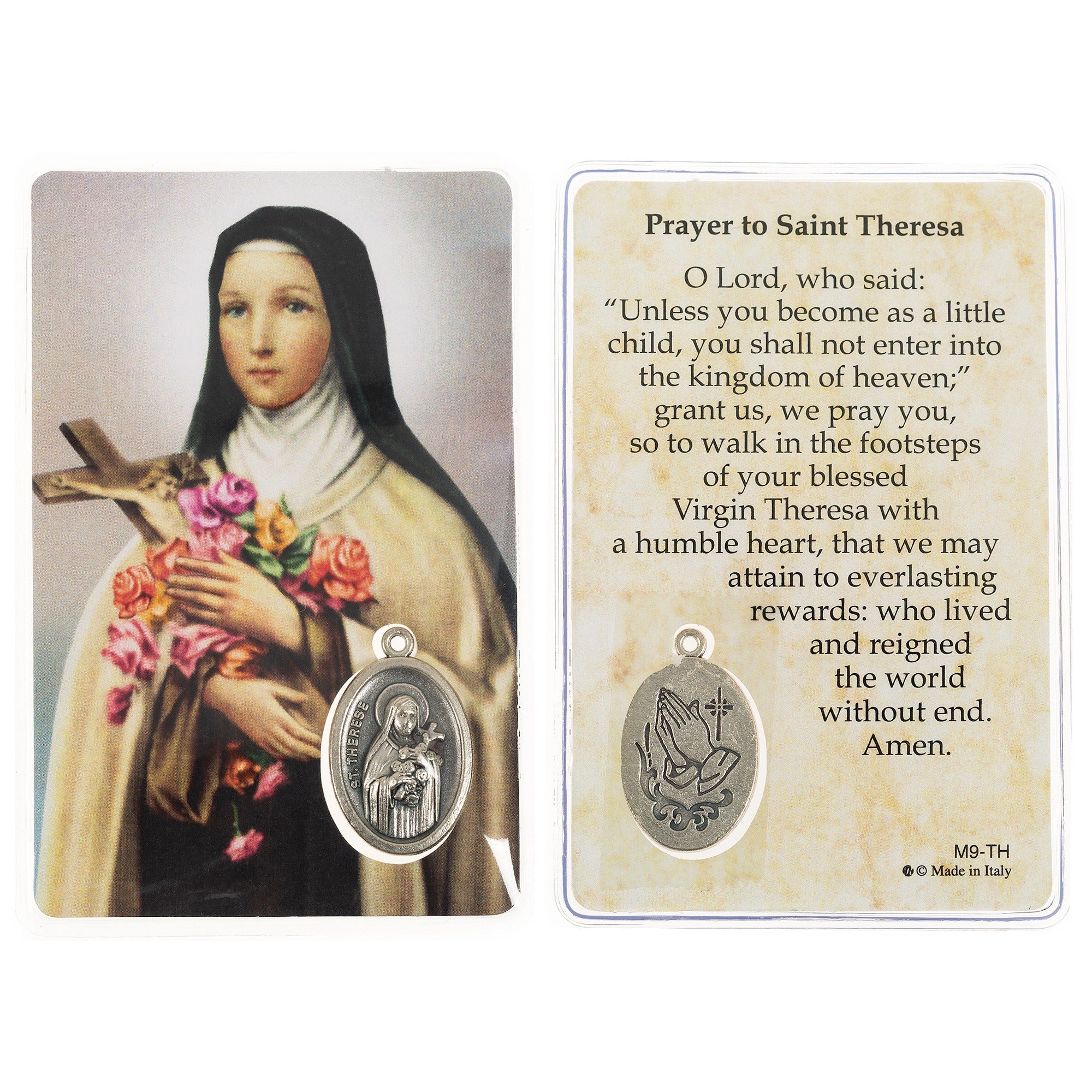 Laminated St. Therese (Theresa) Prayer Card with Medal