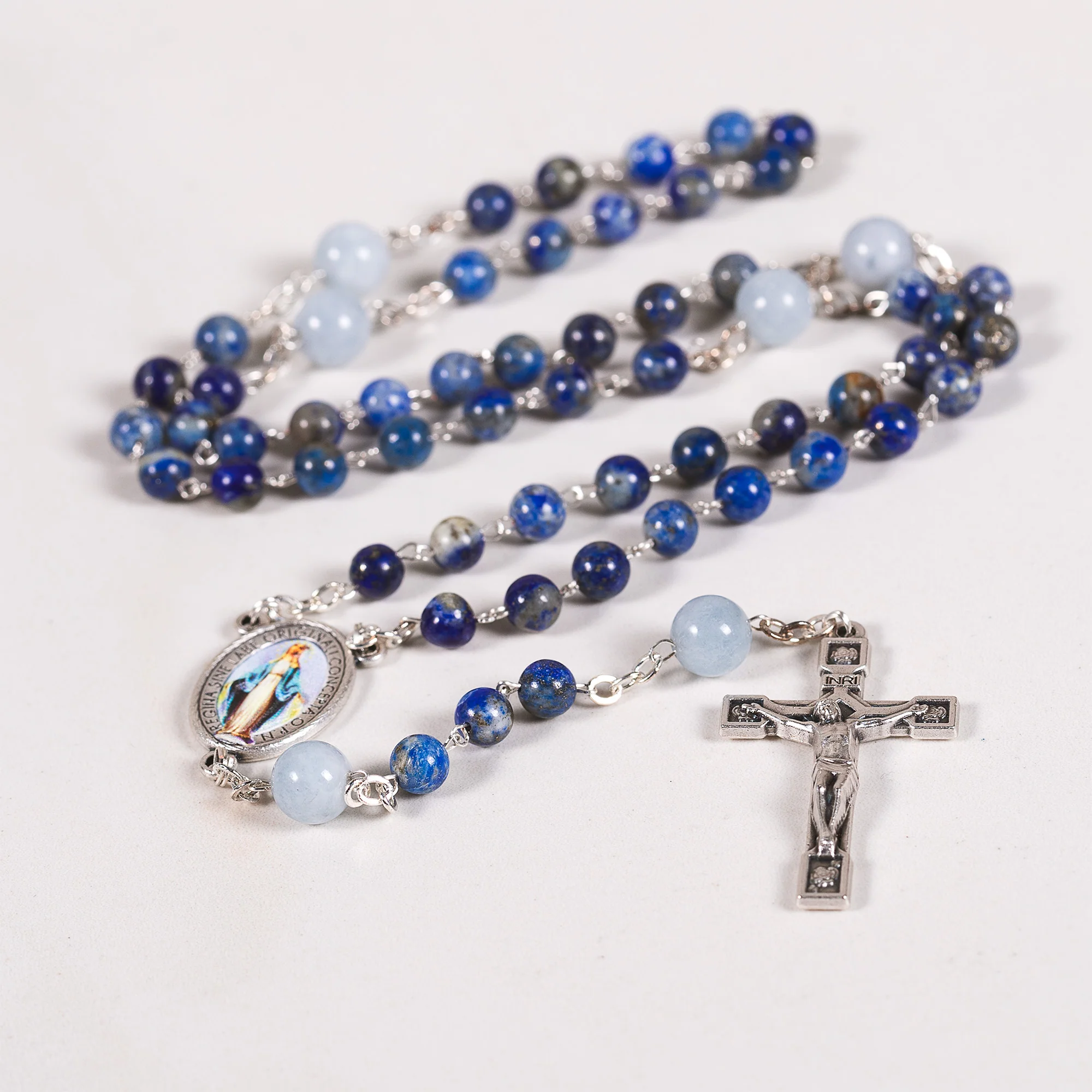 Lapis & Angelite Miraculous Medal Rosary - Image 2