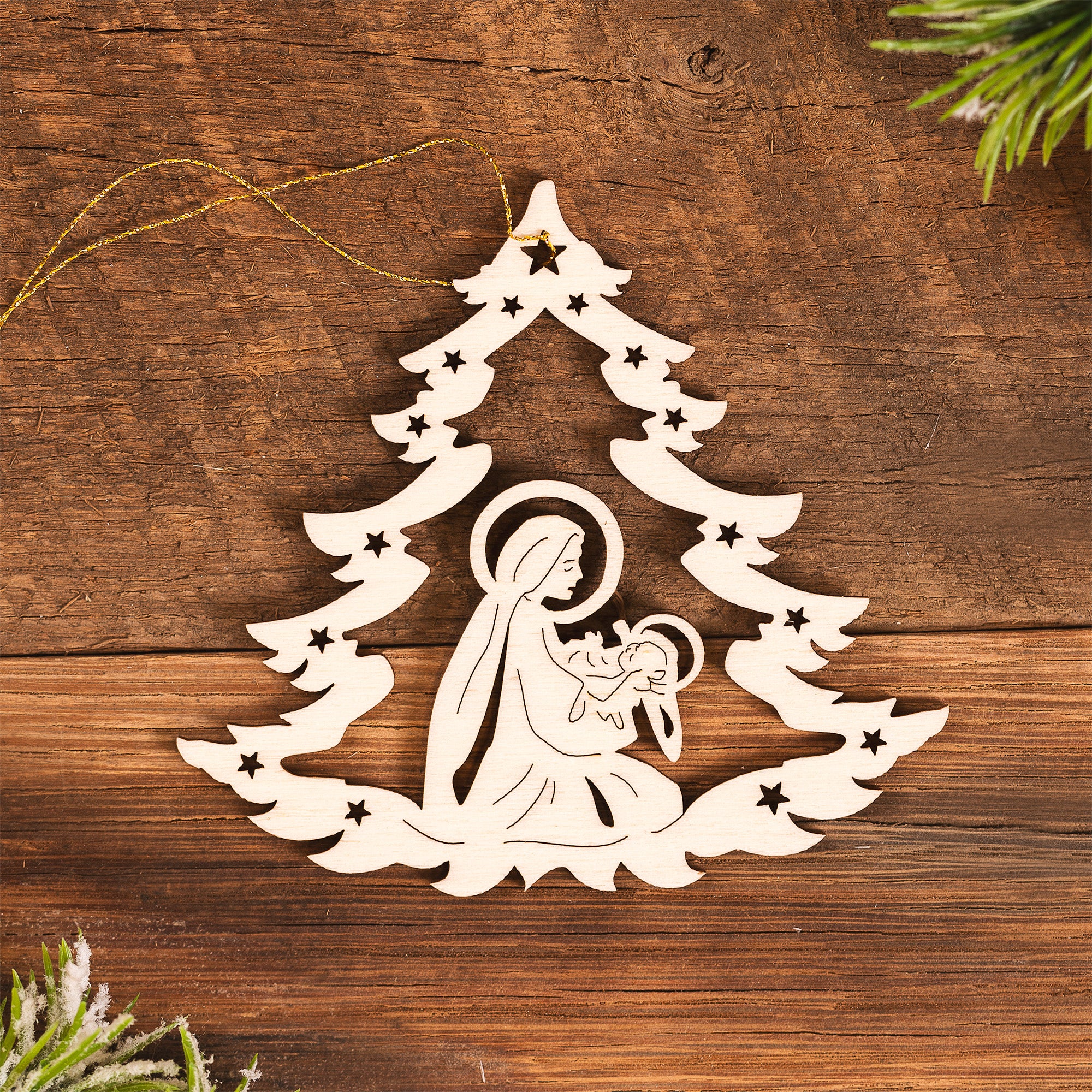 Laser Cut Christmas Tree Madonna & Child Ornament