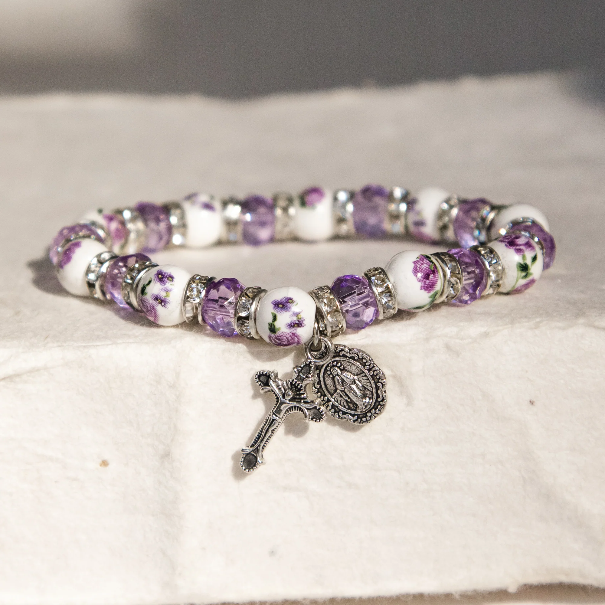 Lavender Crystal & Ceramic Floral Bracelet - Image 2