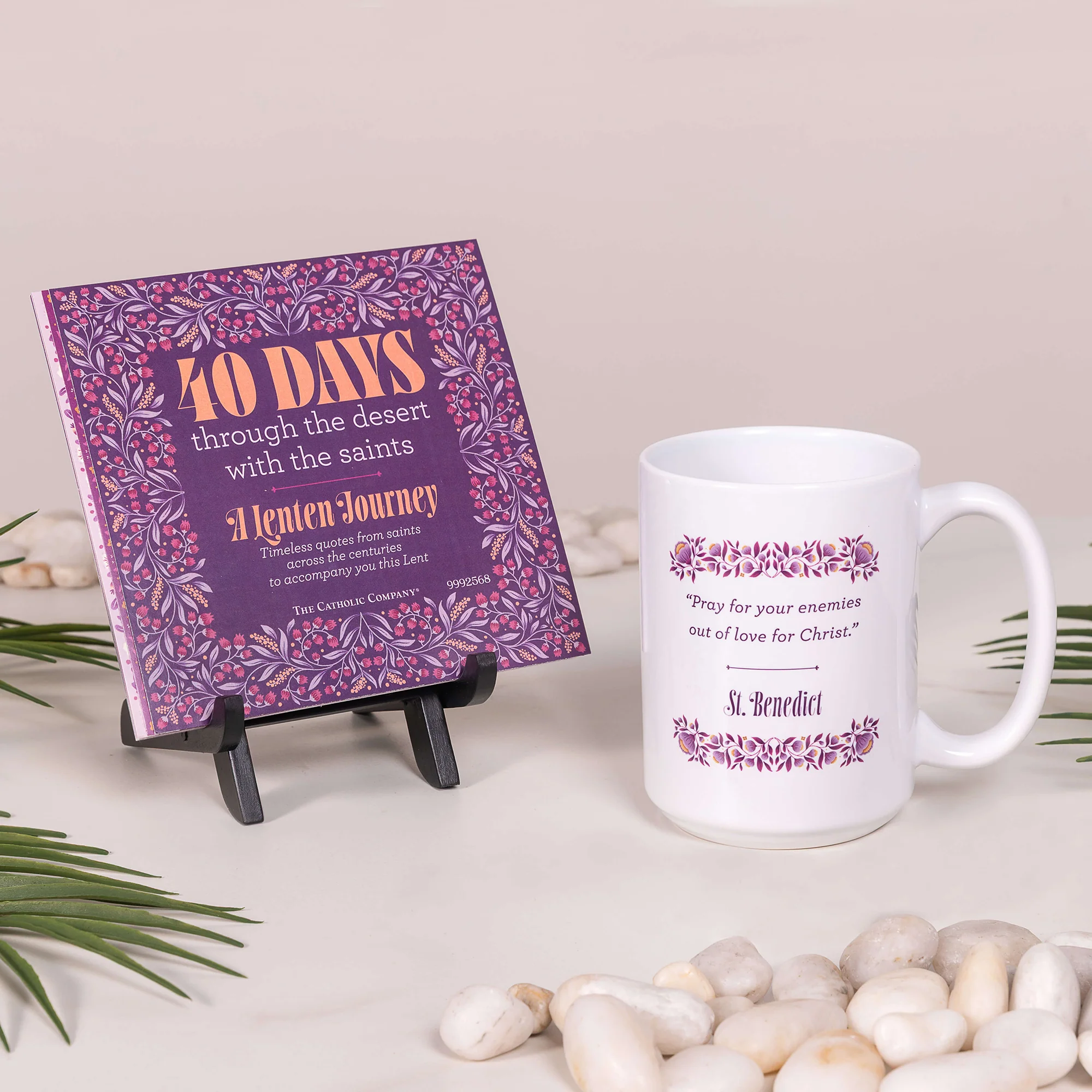 Daily Saints of Lent Inspirational Cards & Easel & St. Benedict Quote Mug Gift Set