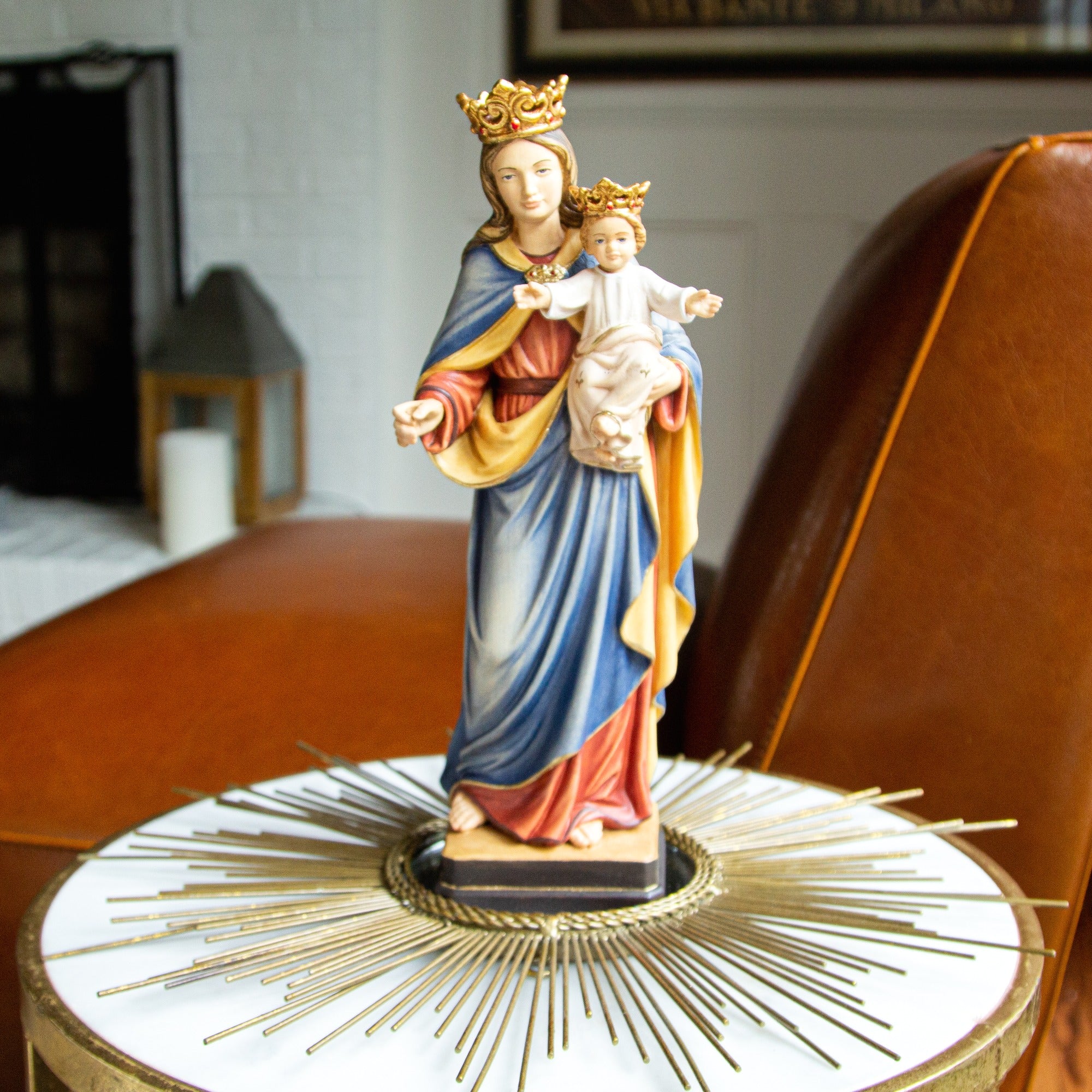 Madonna and Child with Crowns Italian Wood Statue - 12"