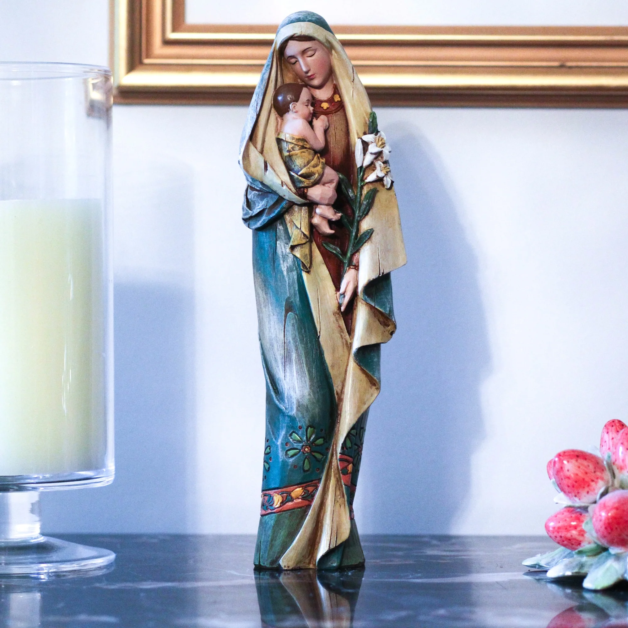 Madonna & Child w/ Lily Carved Statue - Image 3