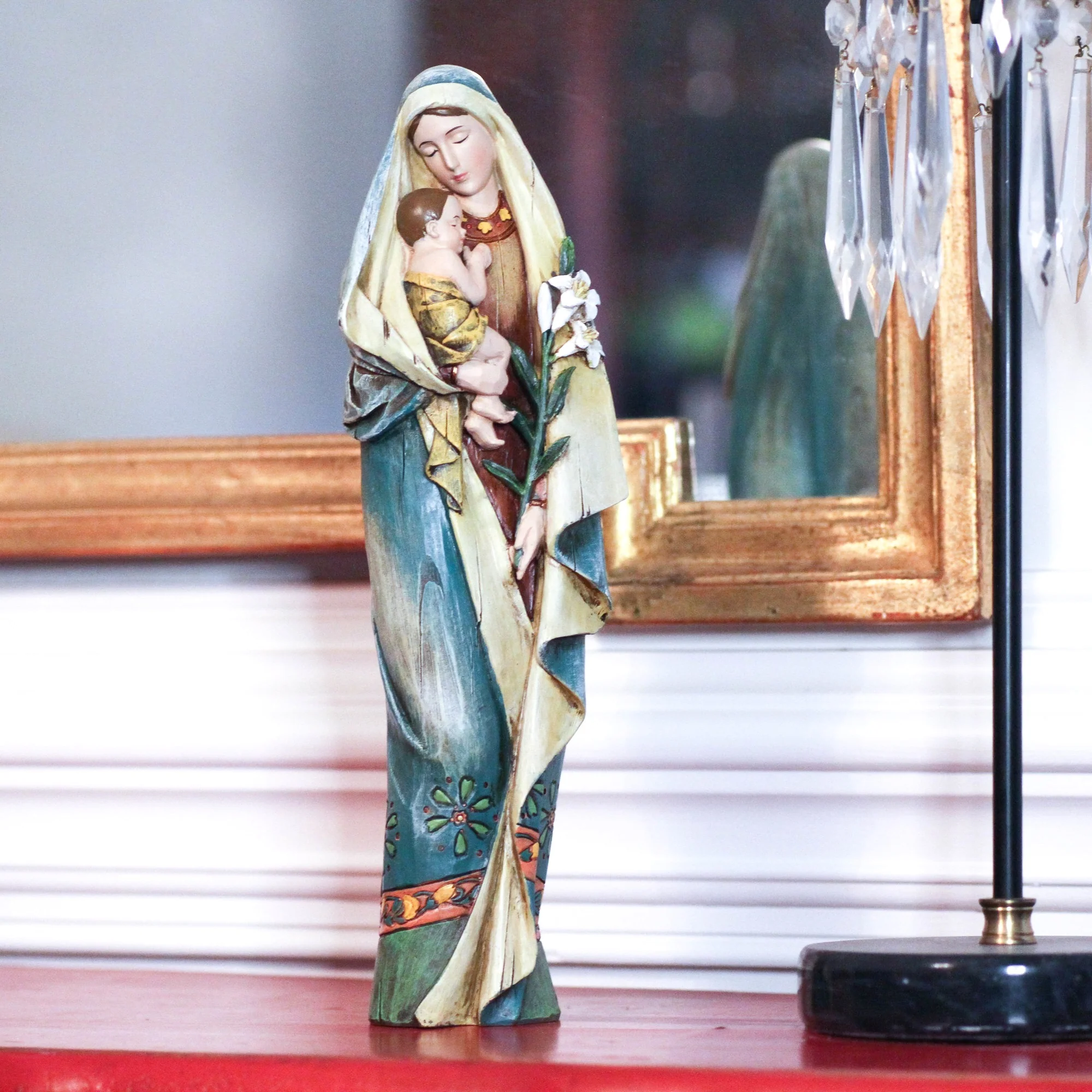 Madonna & Child w/ Lily Carved Statue - Image 4