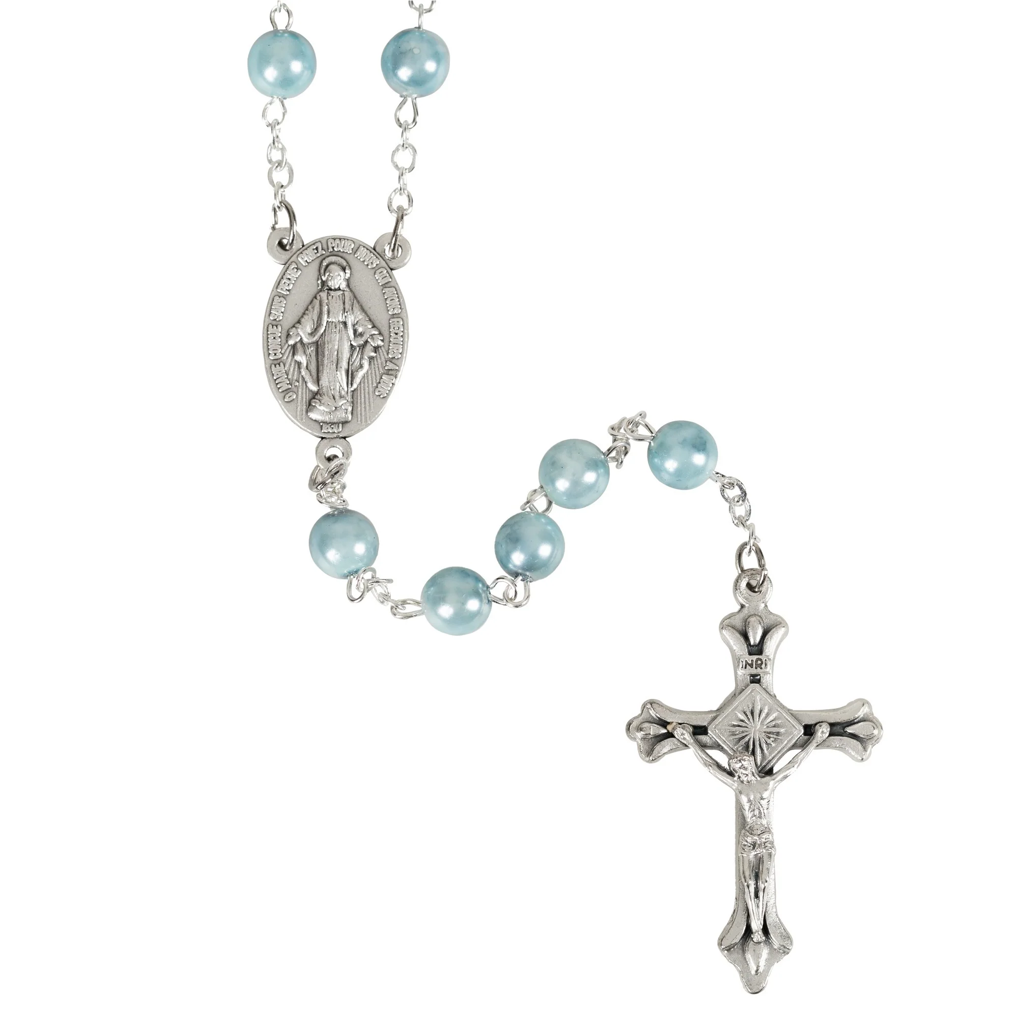 Marian Blue Pearl Rosary in Rose Garden Pouch