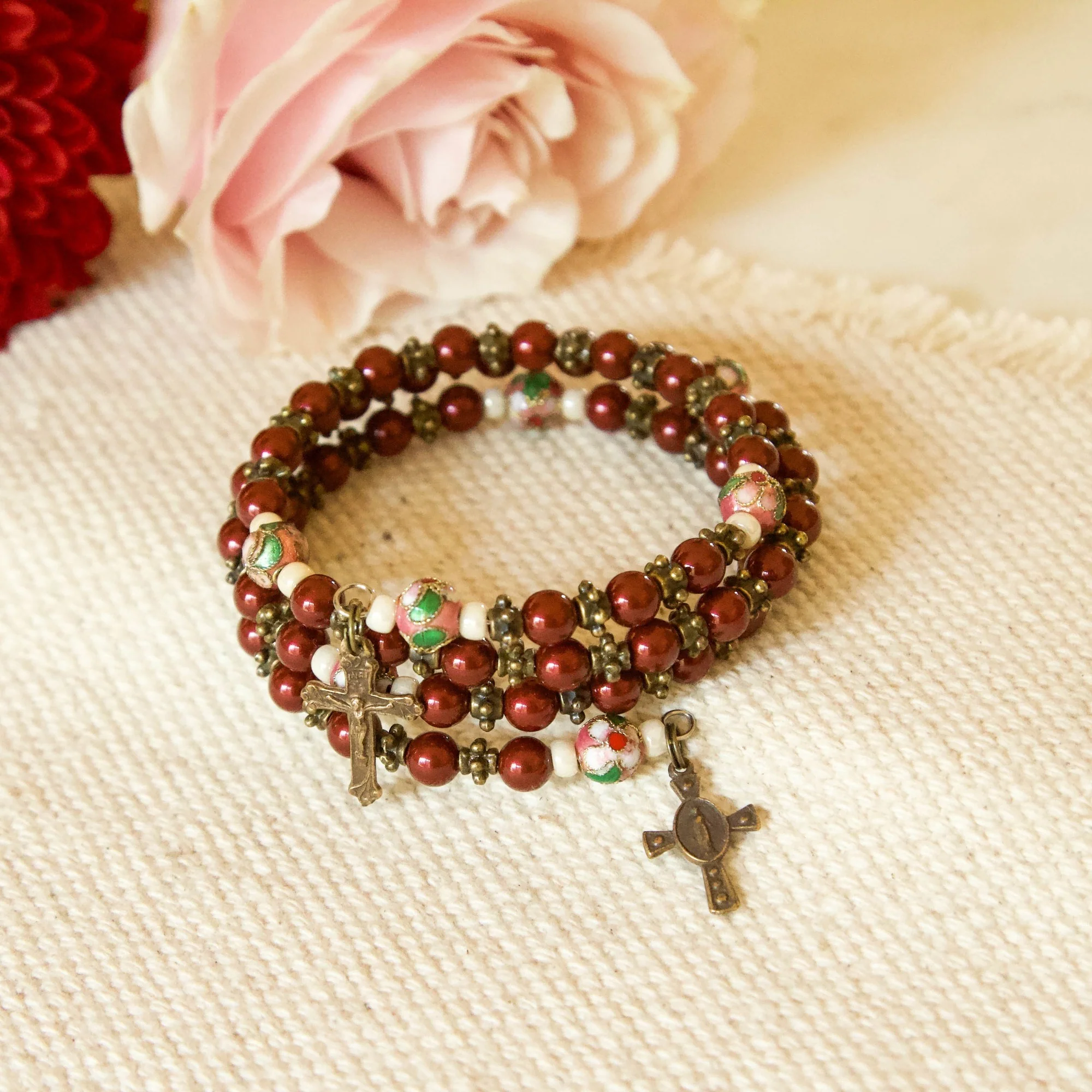 Maroon Crystal Pearl Rosary Bracelet