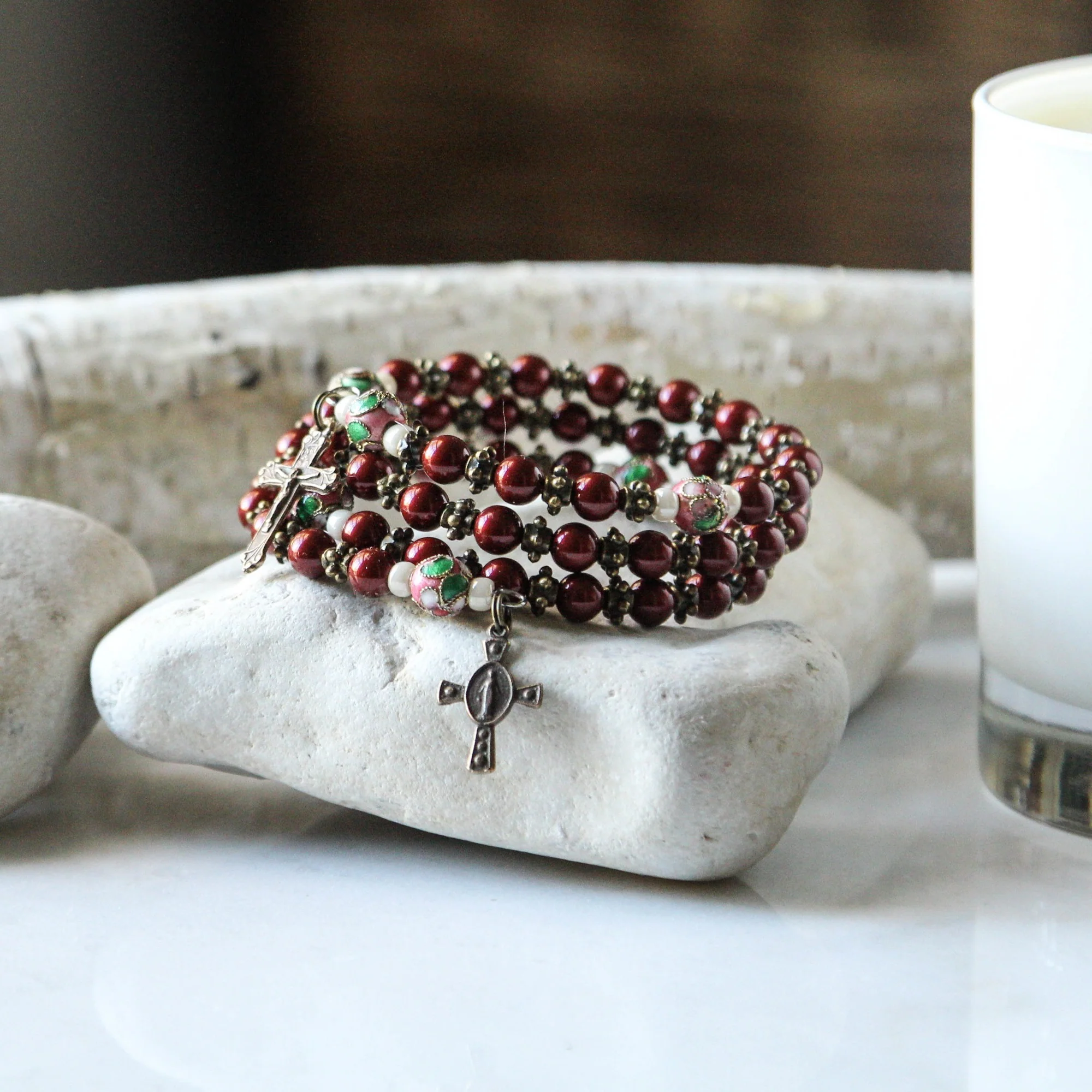 Maroon Crystal Pearl Rosary Bracelet - Image 2