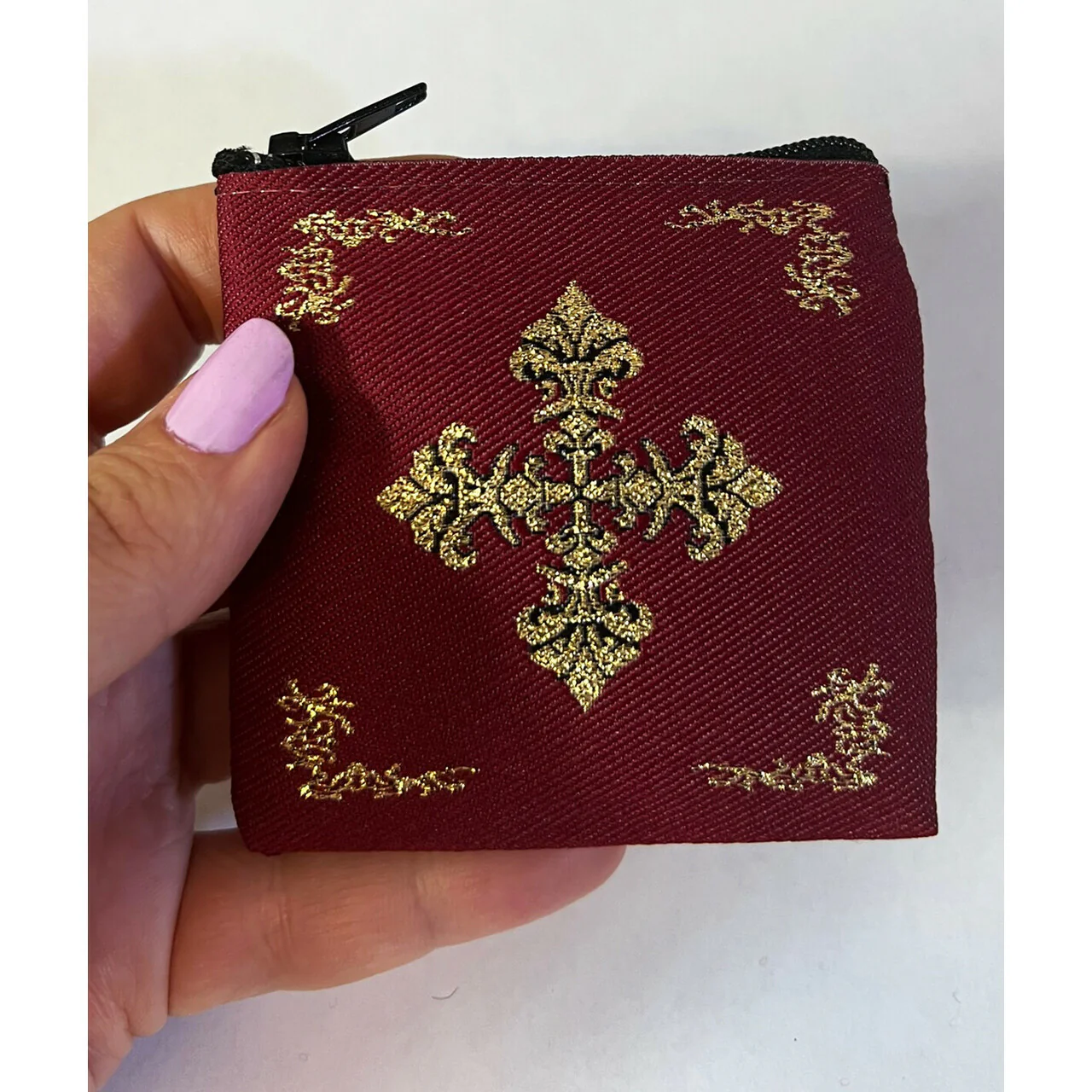 Maroon & Gold Tapestry Rosary Pouch - Image 2