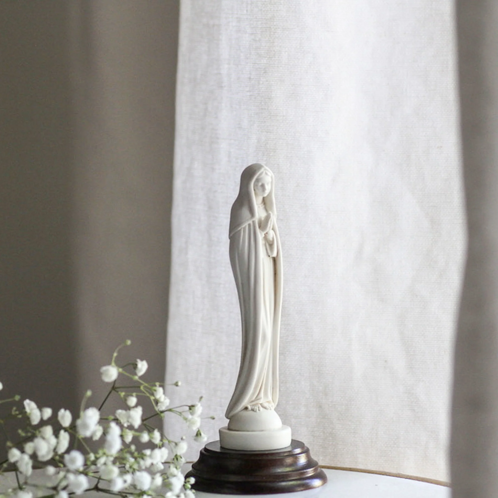 Mary Ivory Color Statue w/ Wooden Base