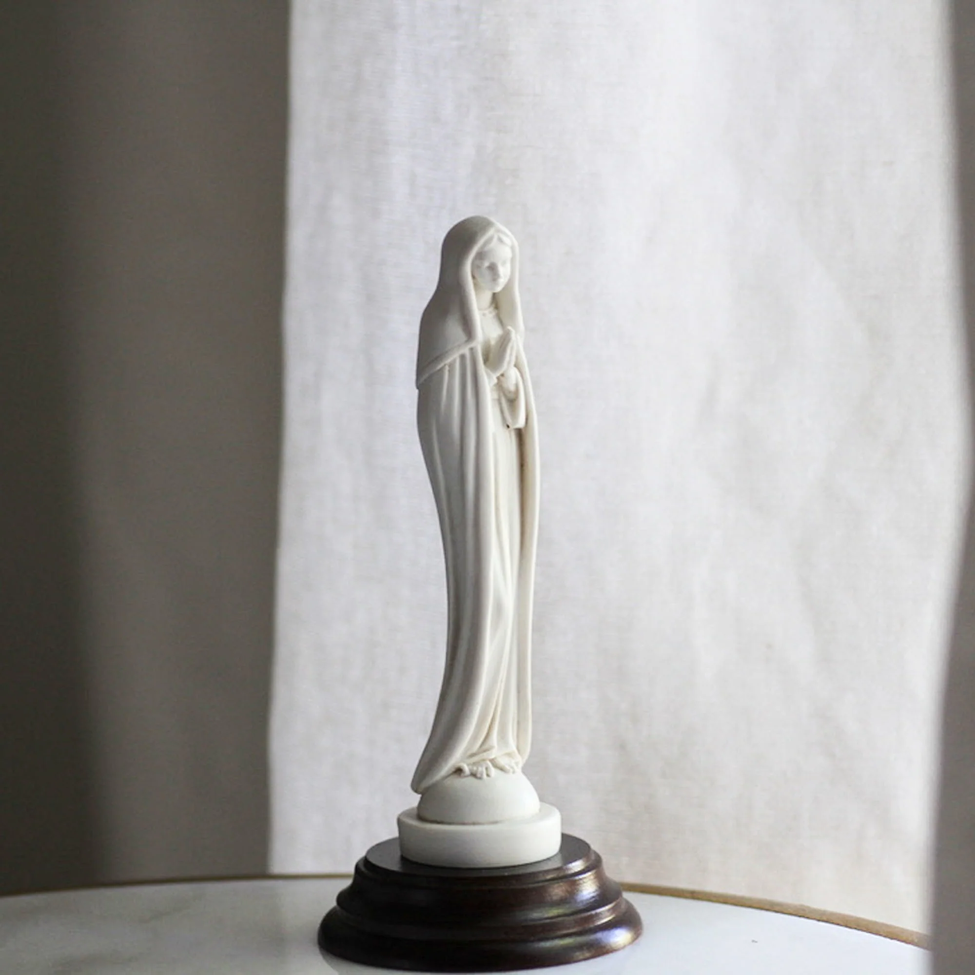 Mary Ivory Color Statue w/ Wooden Base - Image 2