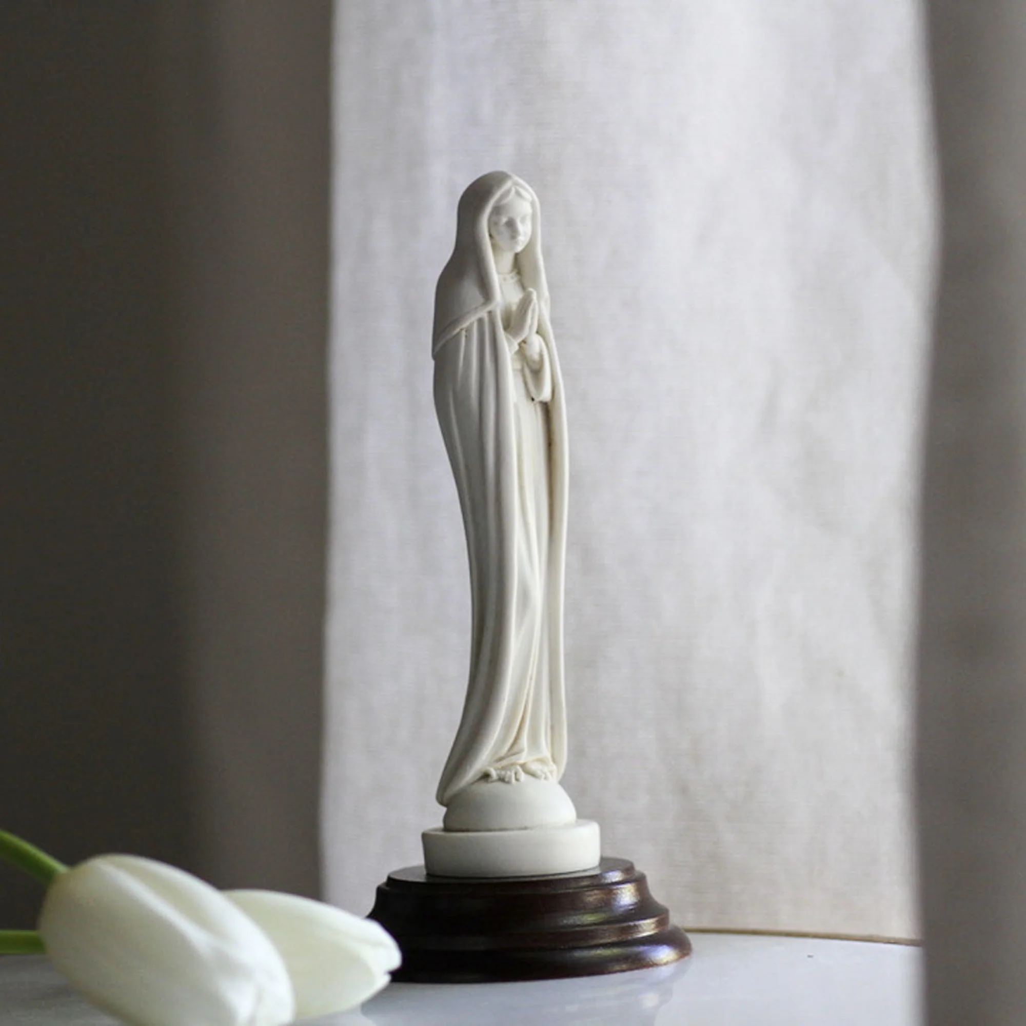 Mary Ivory Color Statue w/ Wooden Base - Image 3