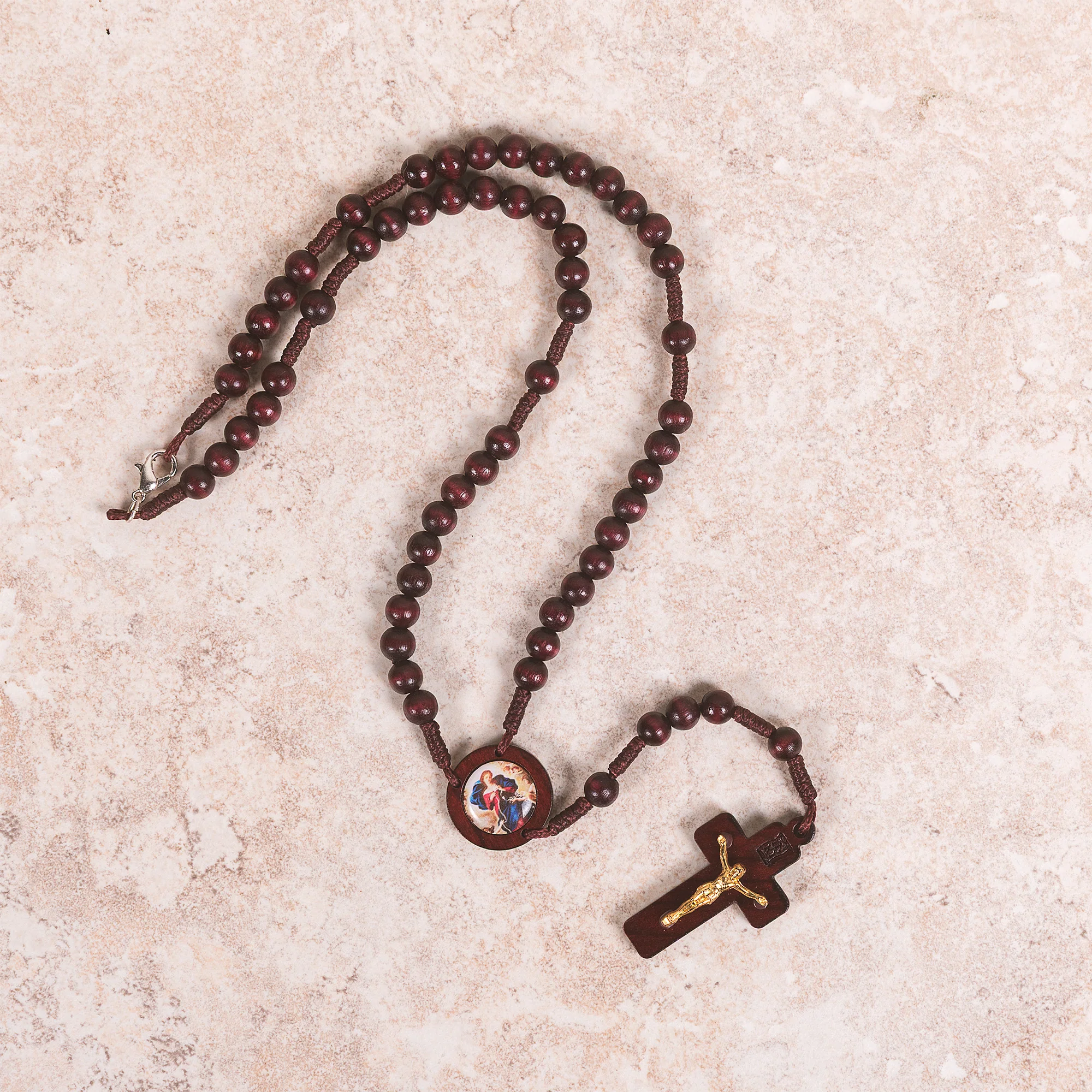 Mary Undoer of Knots Wood Rosary Necklace - Image 2