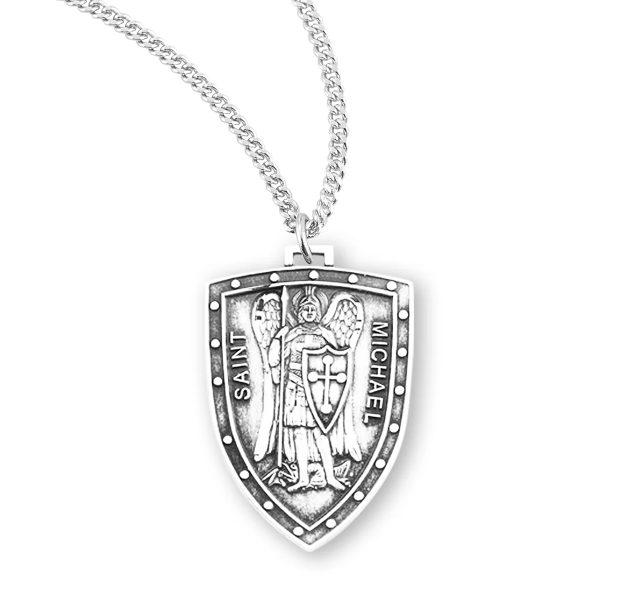 Medium Sterling Silver St. Michael Shield Medal Necklace
