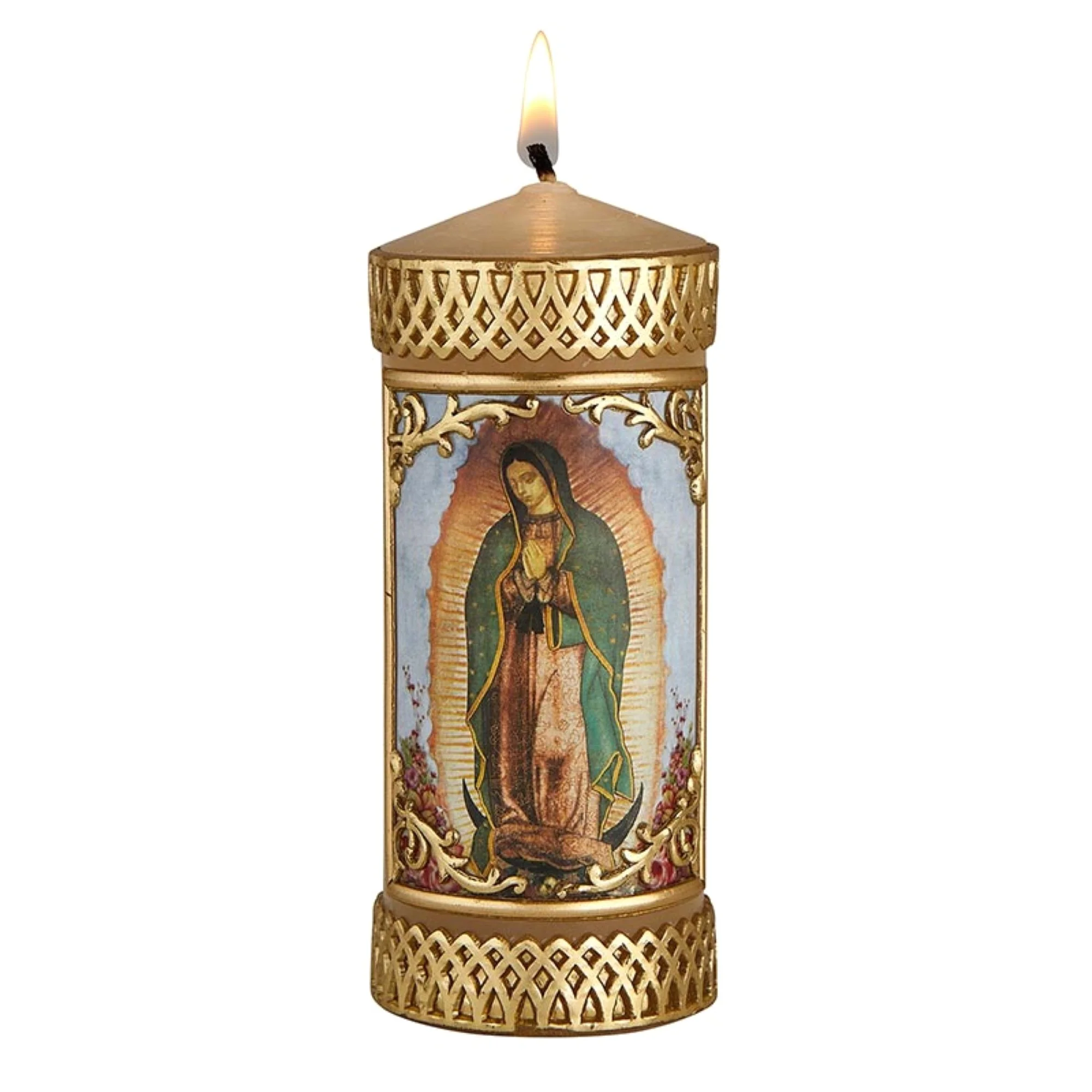 Metallic Gold Our Lady of Guadalupe Pillar Candle - Pack of 2