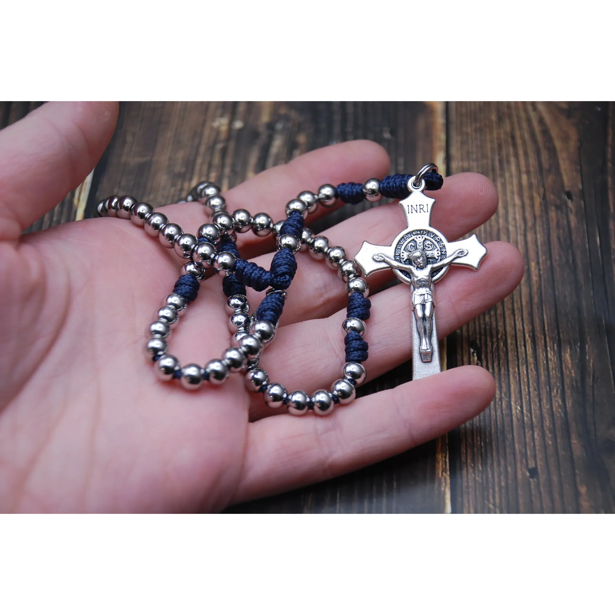 Mini Stainless St. Benedict Paracord Rosary - Blue or Black - Image 2