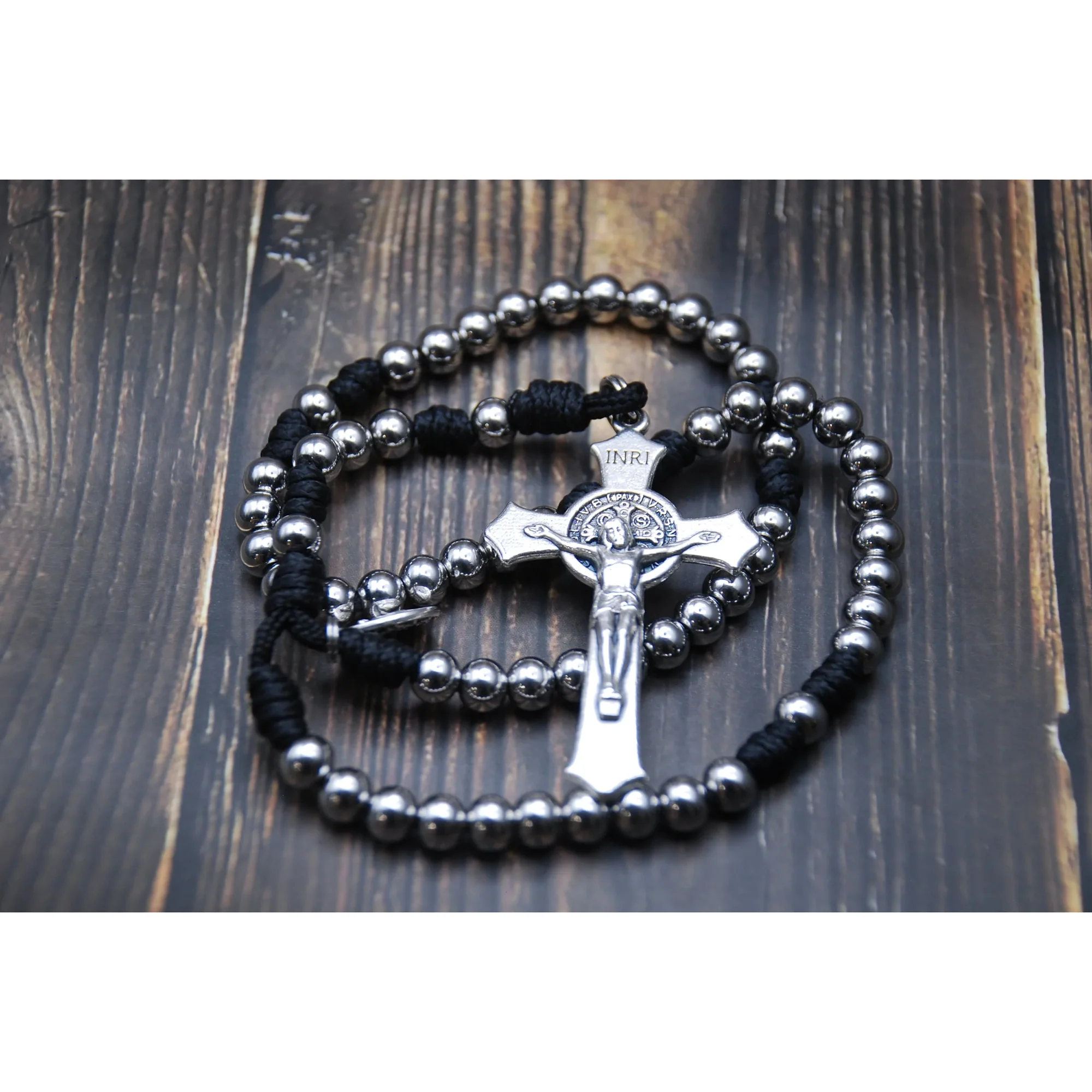 Mini Stainless St. Benedict Paracord Rosary - Blue or Black - Image 3