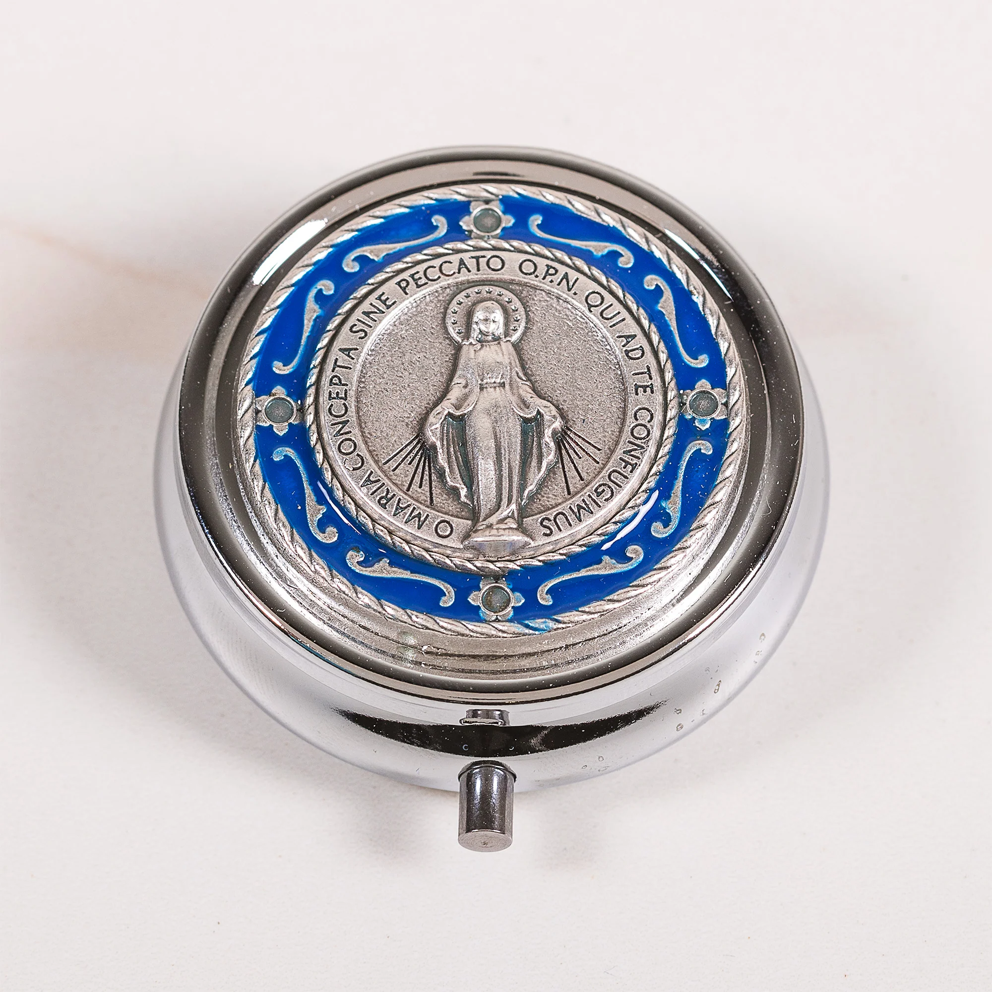 Miraculous Medal & Blue Enamel Rosary with Matching Case - Silver or Two Tone - Image 2