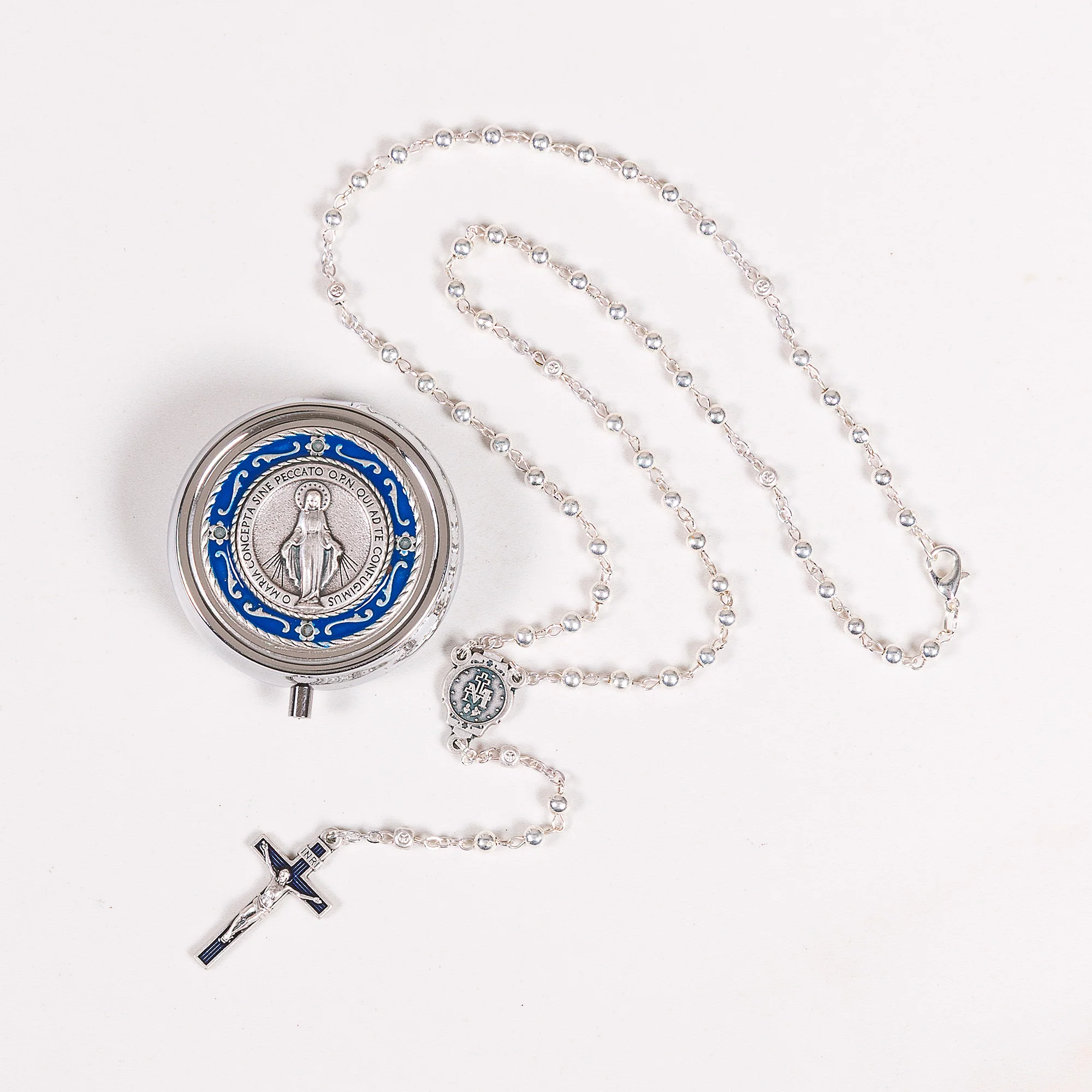 Miraculous Medal & Blue Enamel Rosary with Matching Case - Silver or Two Tone - Image 3