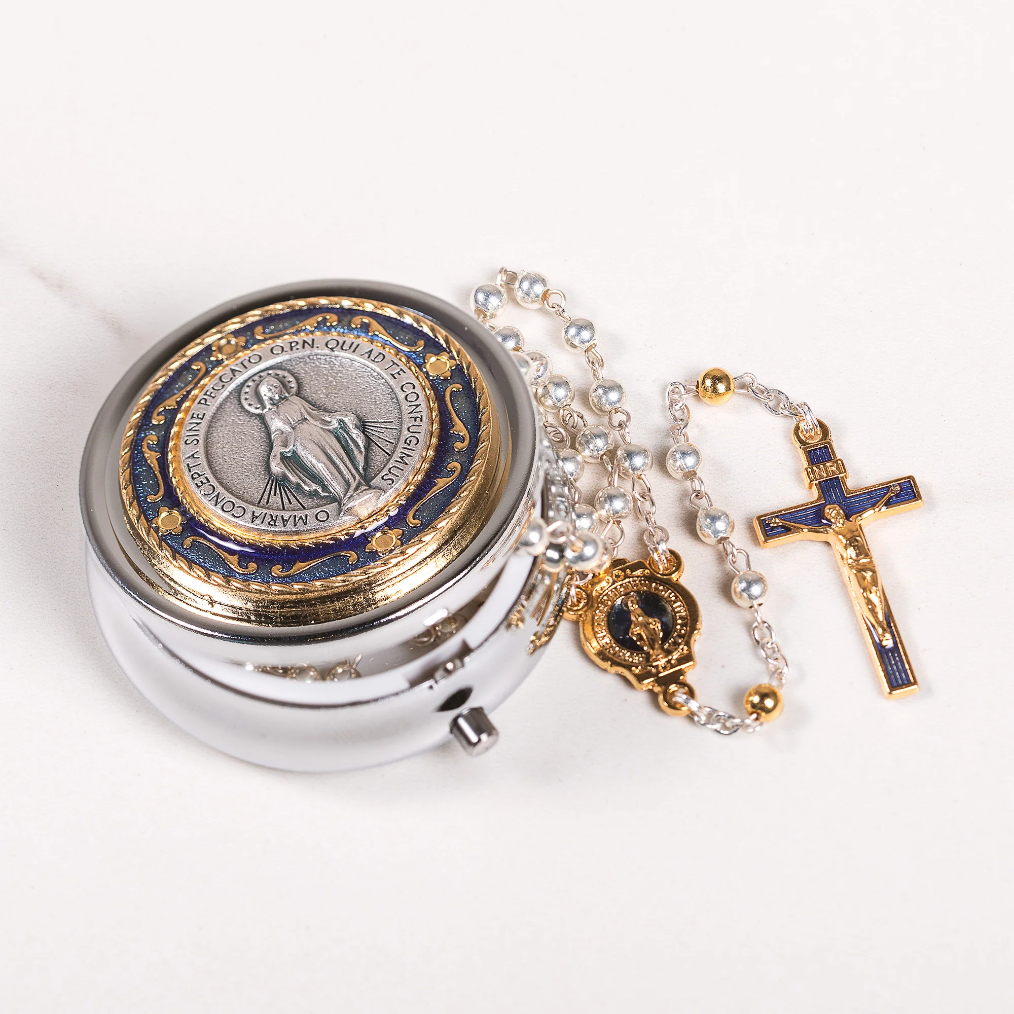 Miraculous Medal & Blue Enamel Rosary with Matching Case - Silver or Two Tone - Image 4