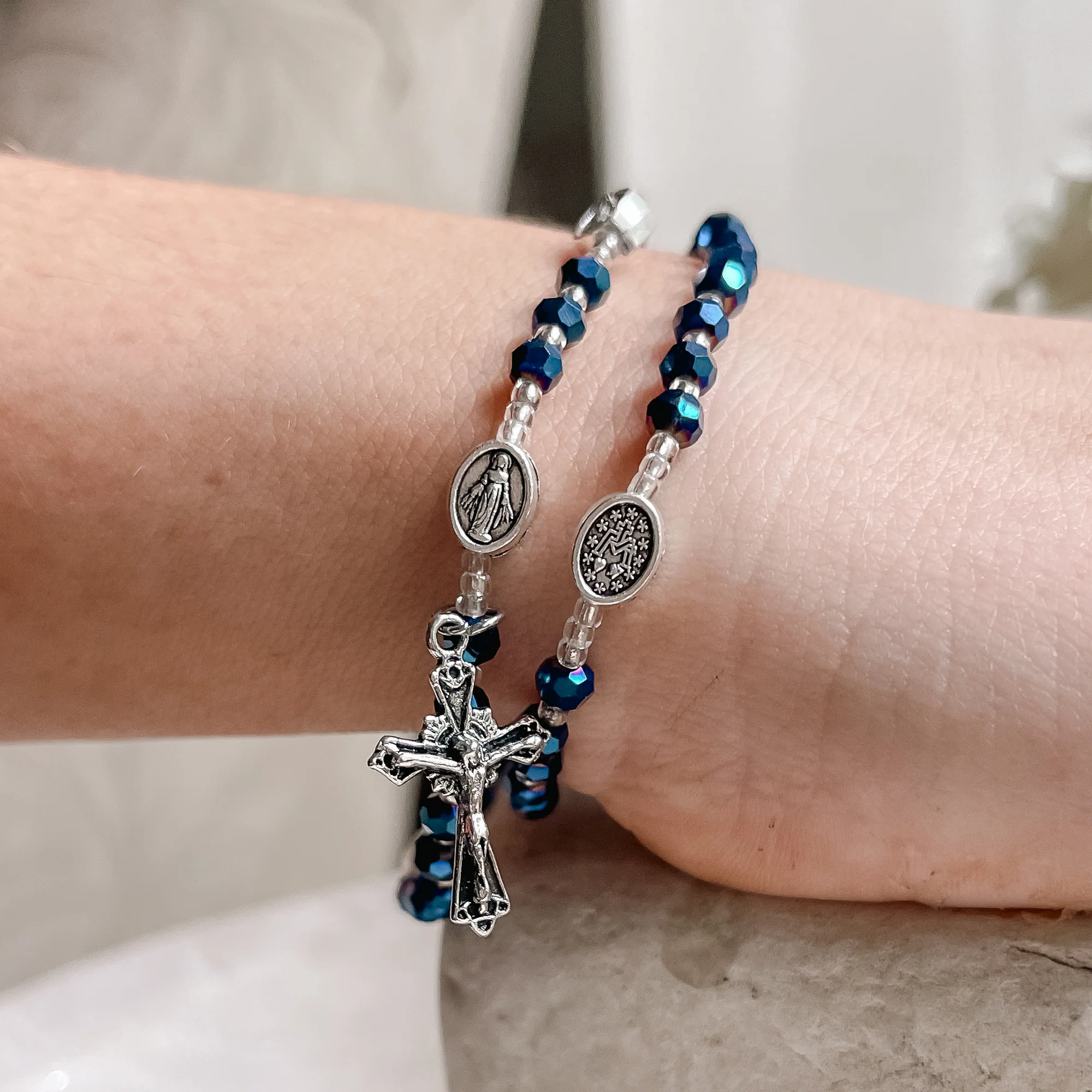Miraculous Medal Blue Twist Rosary Bracelet