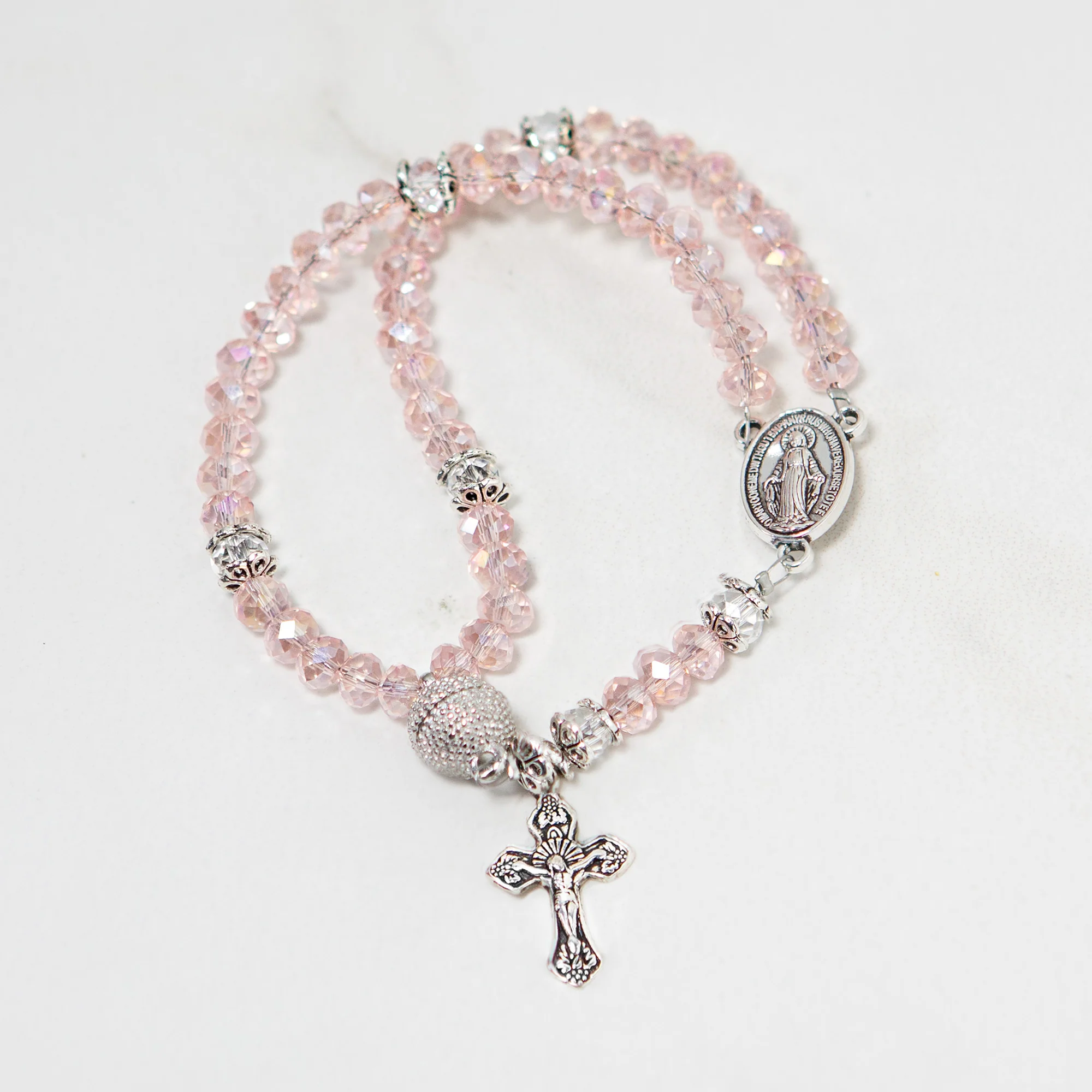Miraculous Medal Crystal Rosary Bracelet - Blue, Pink, or Clear - Image 3