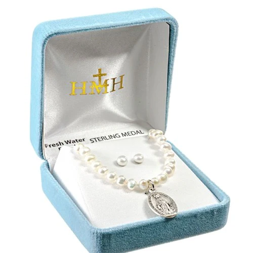Miraculous Medal Freshwater Pearl Necklace & Earrings