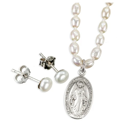 Miraculous Medal Freshwater Pearl Necklace & Earrings - Image 2
