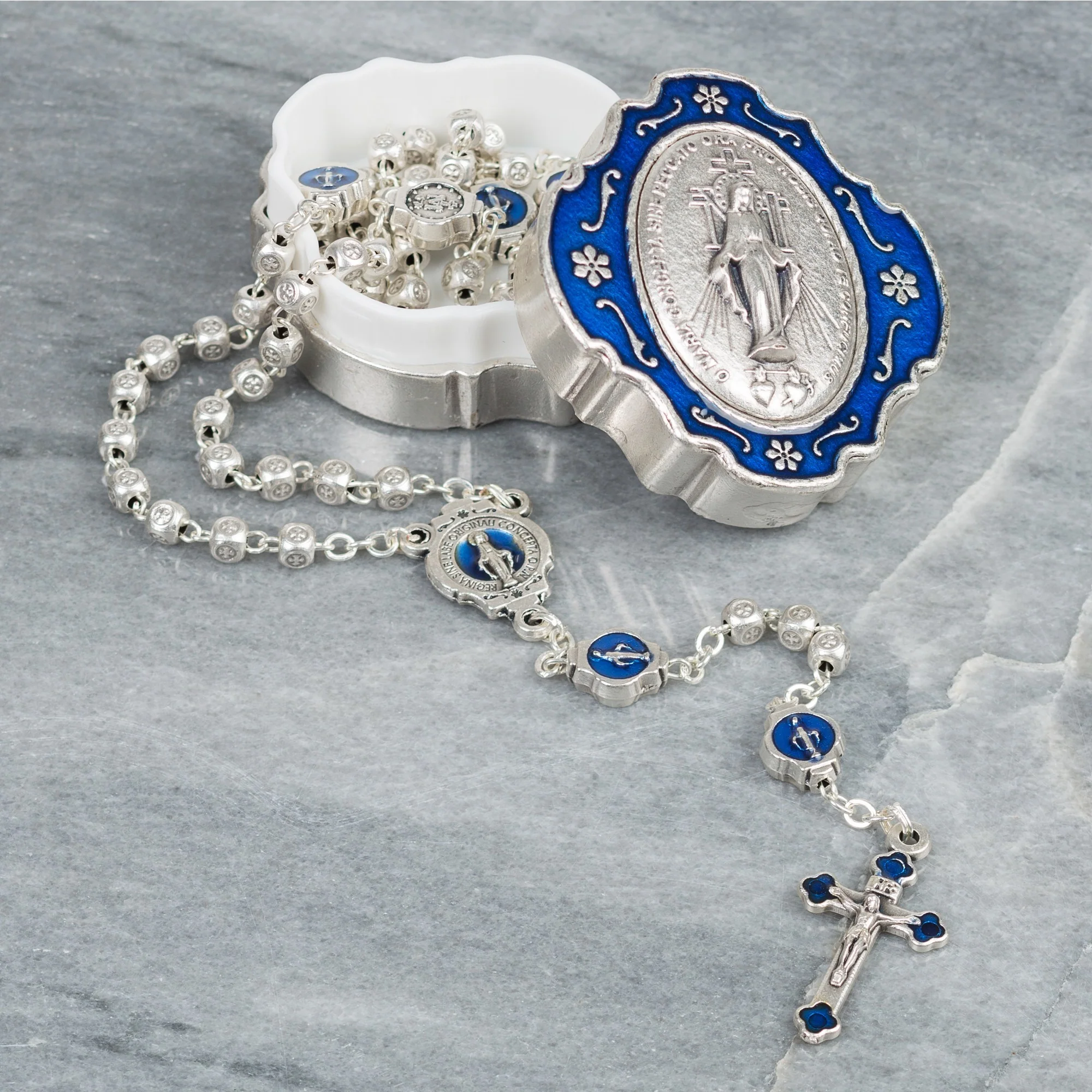 Miraculous Medal Rosary with Blue Enamel Box
