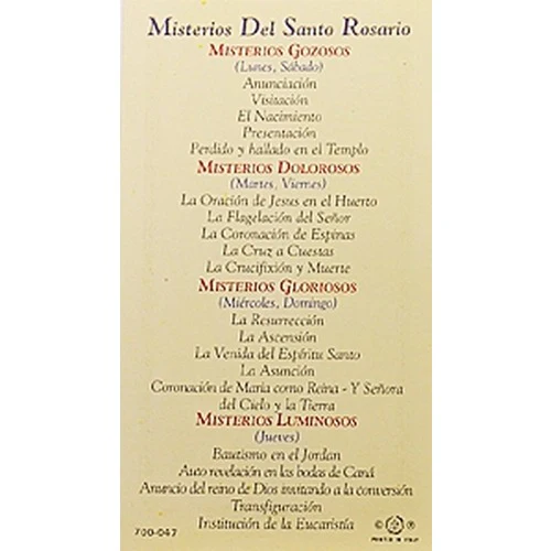 Misterios Del Santo Rosario (Mysteries of Rosary) -  Spanish Prayer Card - Image 2