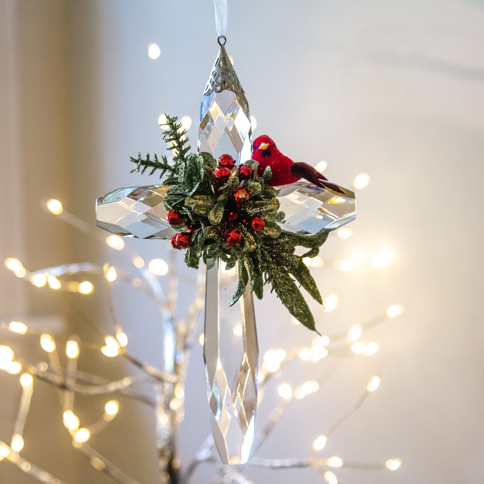 Mistletoe Cardinal Cross Ornament