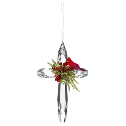 Mistletoe Cardinal Cross Ornament - Image 2