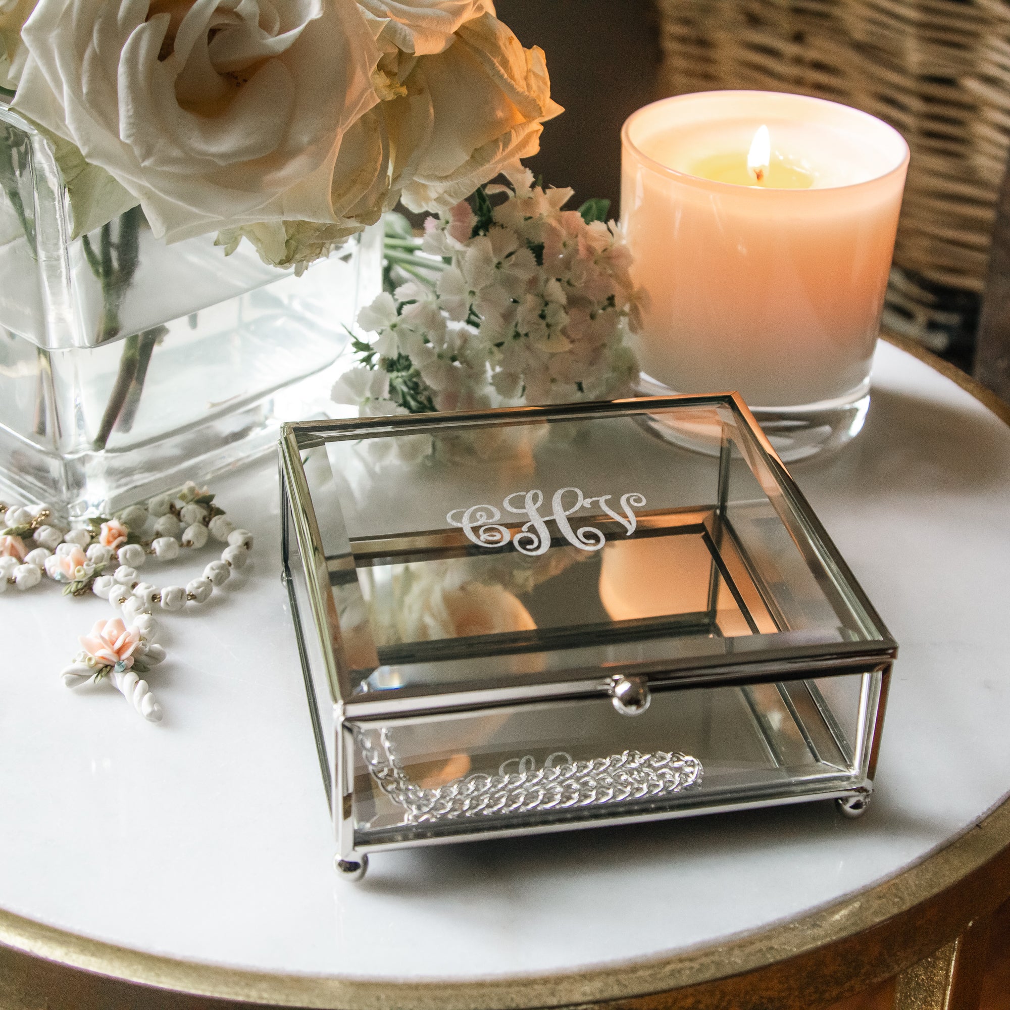 Monogramed Glass Rosary Box - 4.75 inch square