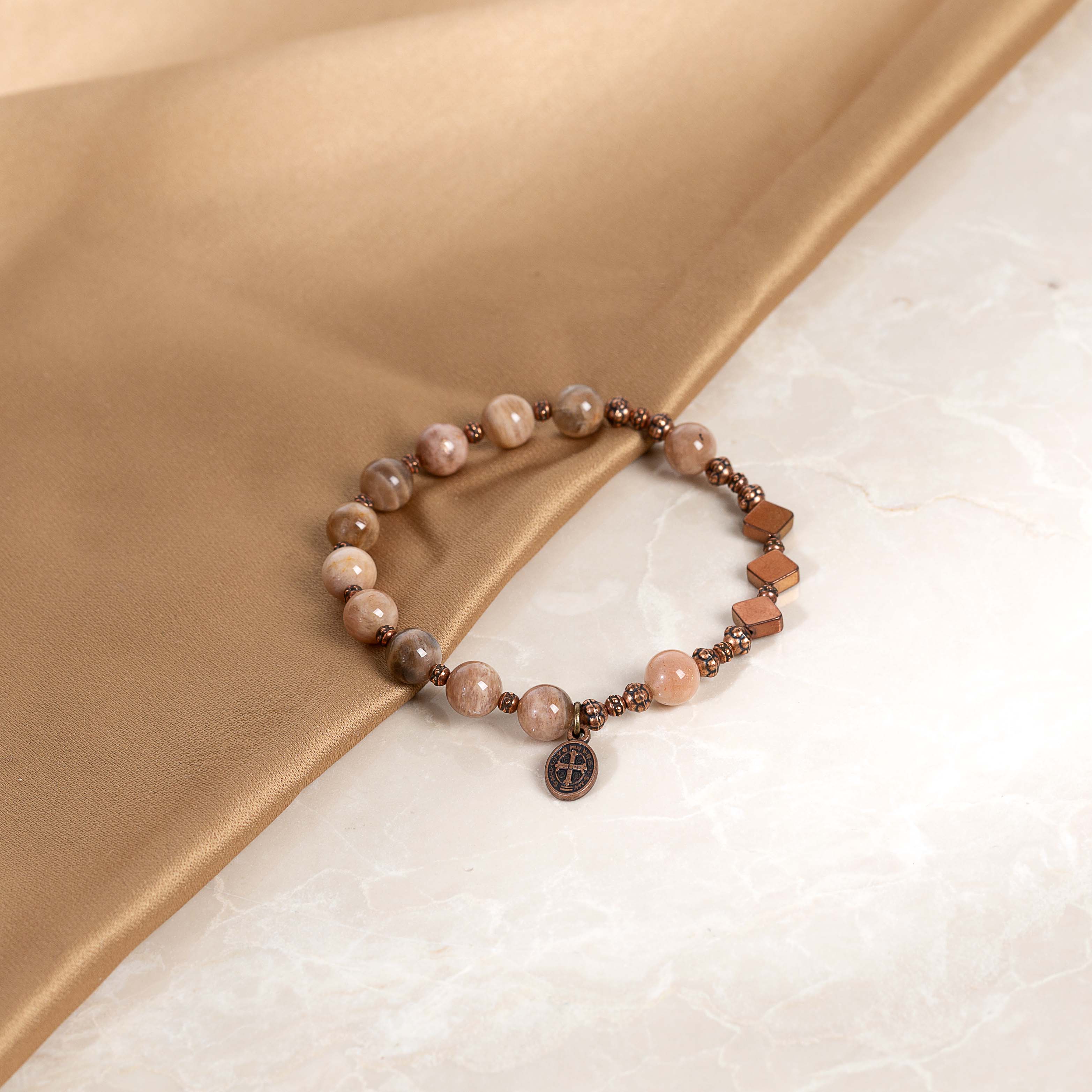 Moonstone & Copper St. Benedict Rosary Bracelet - Image 2