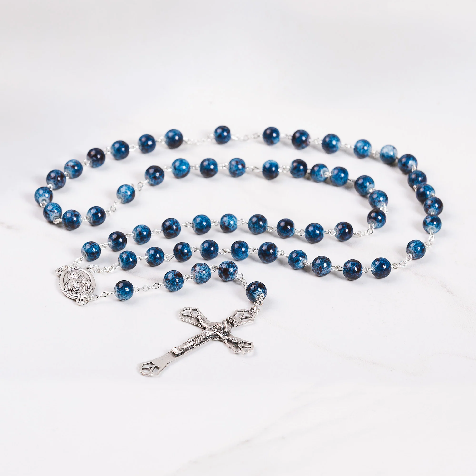 Mother & Child Blue Glass Rosary – Silver Tone - Image 2