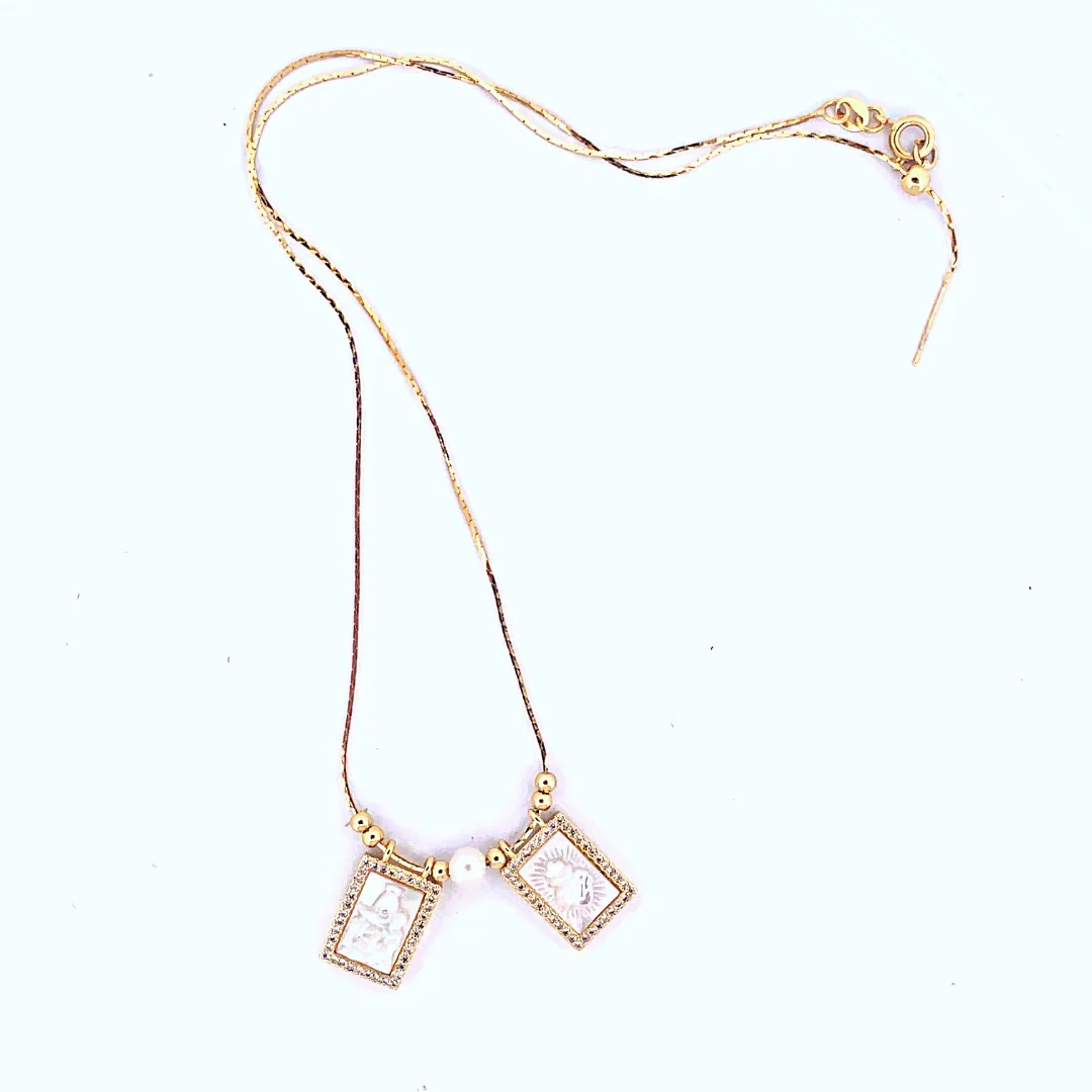 Mother of Pearl Cubic Zirconia Gold Scapular Necklace - Image 2