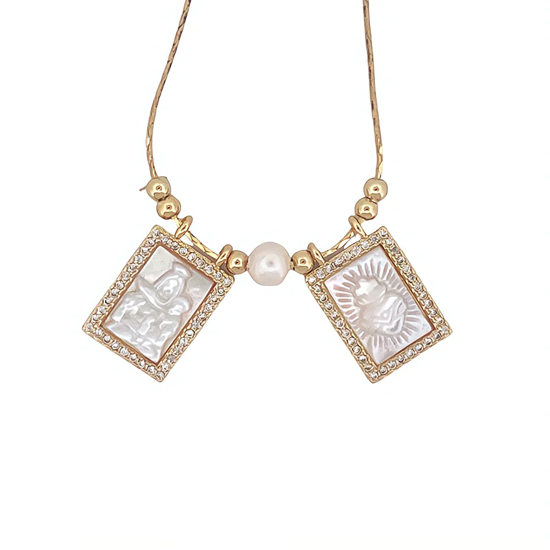 Mother of Pearl Cubic Zirconia Gold Scapular Necklace - Image 3