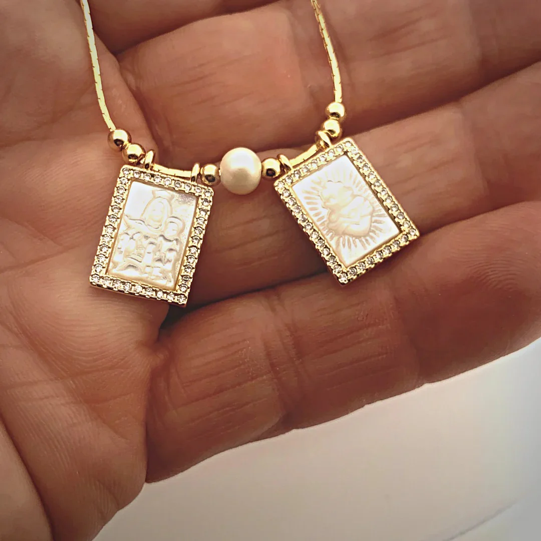 Mother of Pearl Cubic Zirconia Gold Scapular Necklace - Image 5