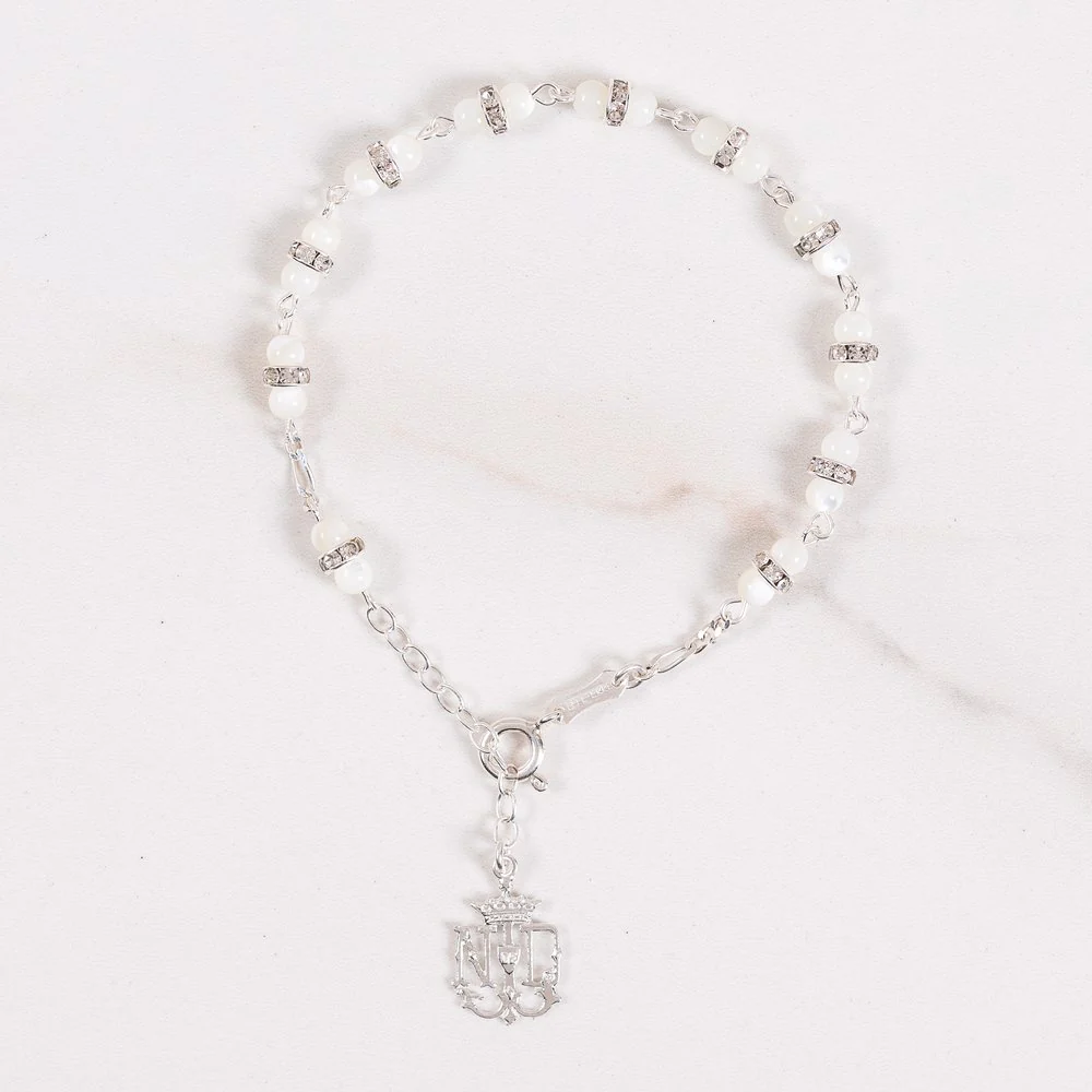 Mother of Pearl & Sterling Silver Notre Dame Rosary Bracelet