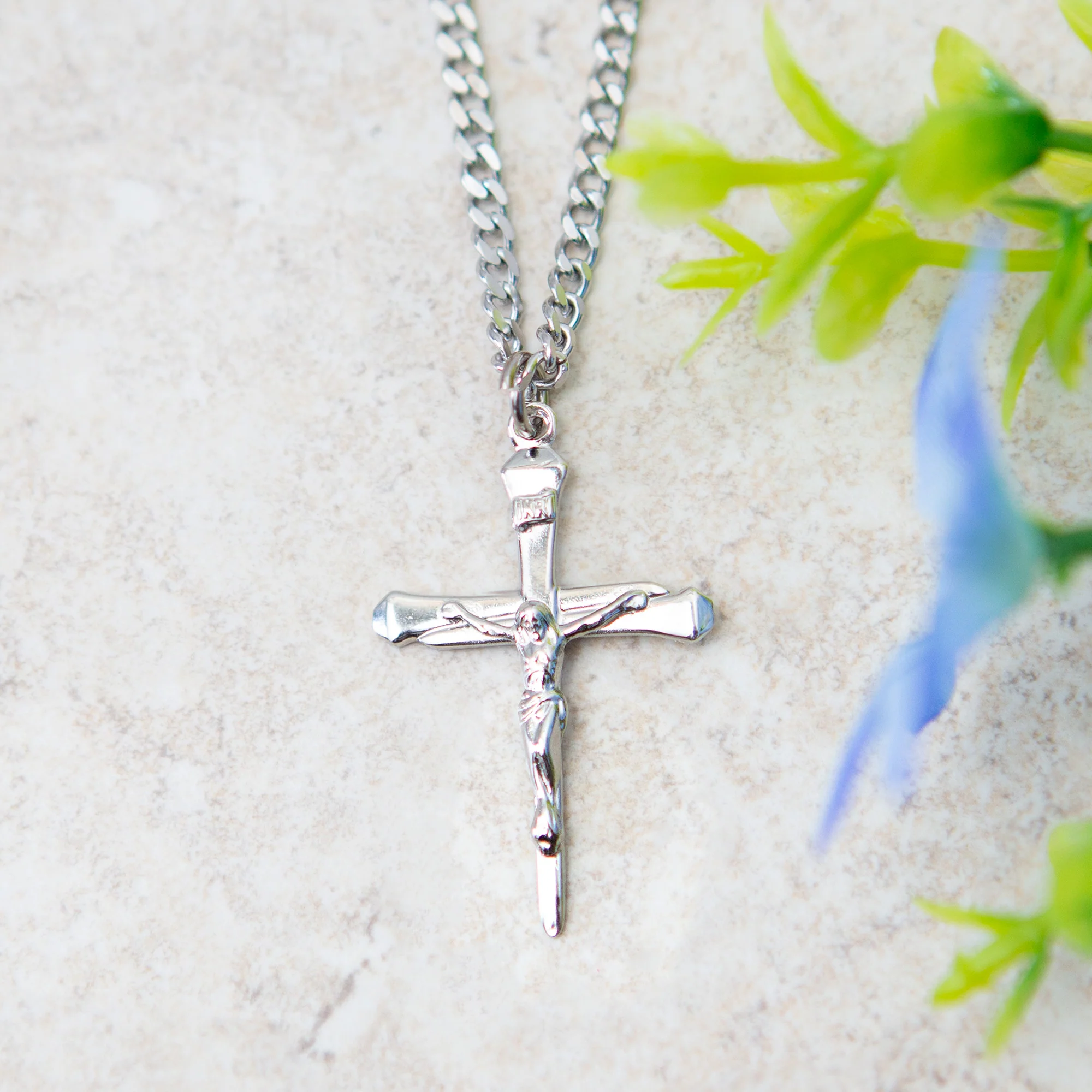 Nail Crucifix Necklace on 24" Chain in Gold/Sterling or Sterling Silver