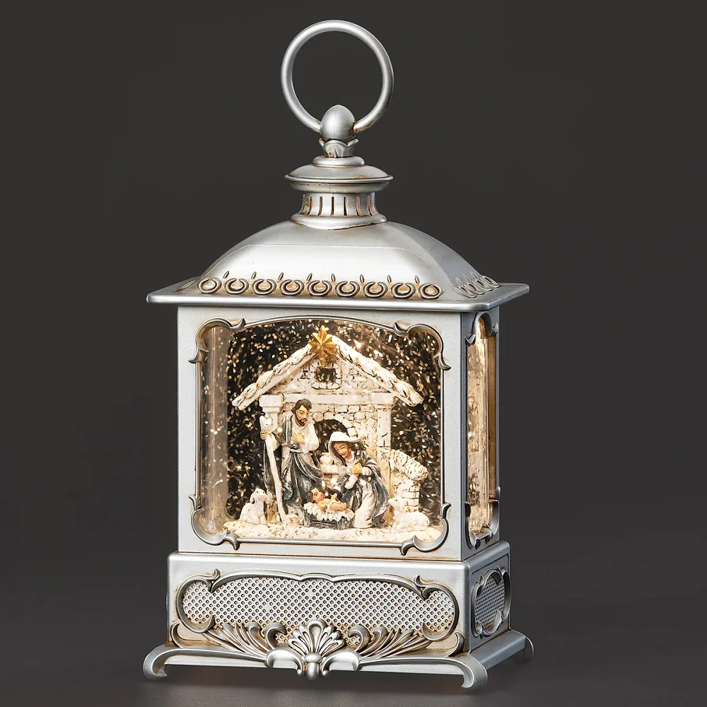 Nativity Scene Pewter Swirl LED Lantern